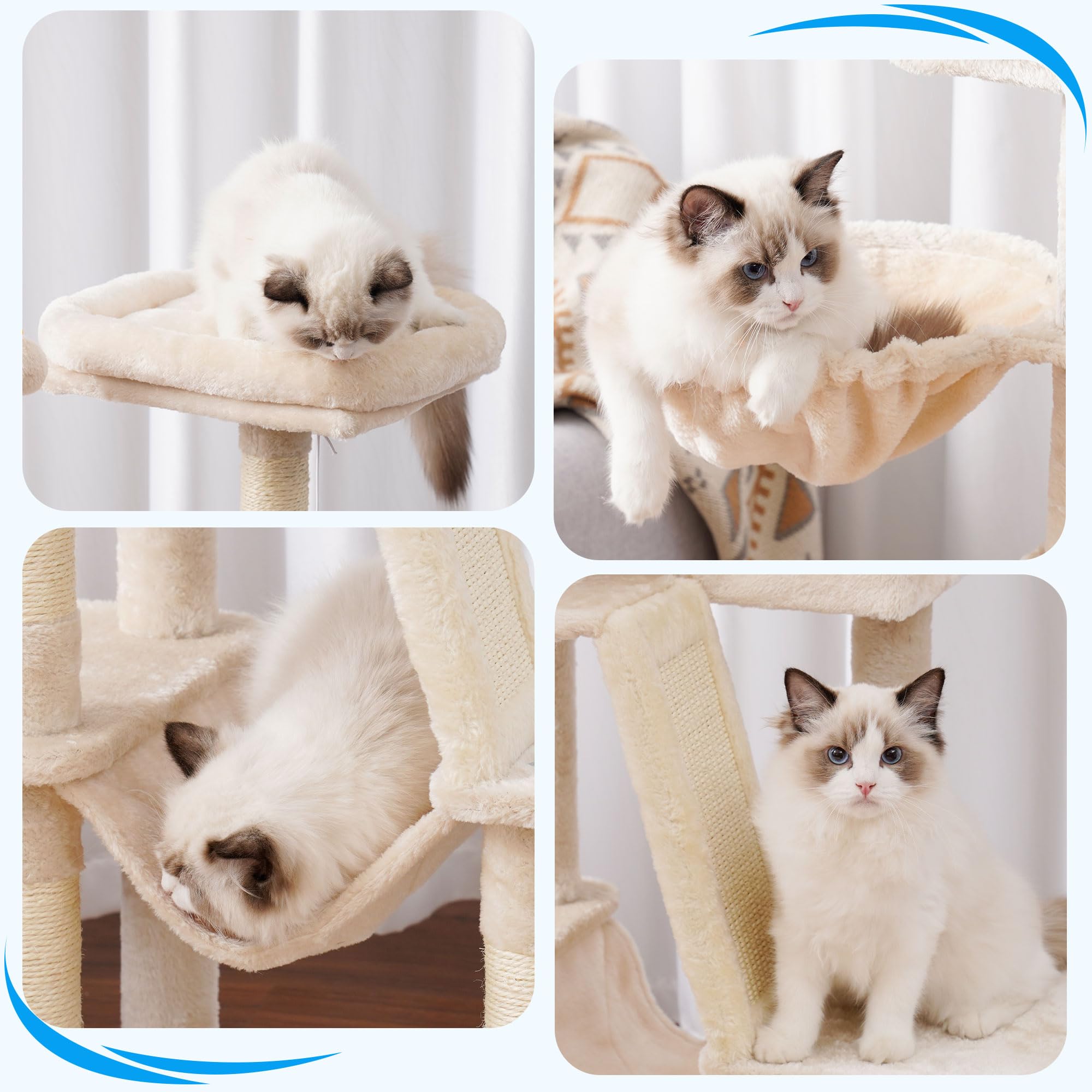 Hey-Brother Kratzbaum, 135 cm Indoor Katzenbaum, Mit gepolsterter Plattform Bett, Spielzeug Ball, Höhlen, Hängematte und Sisal Kratzbaum Katzenhaus, Hellgrau MPJ019-SW