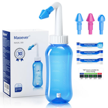 Nasendusche Set, Nasenspülkanne zur Nasenreinigung und Nasenspülung，BPA-frei, 300 ml, mit 30 Nasenwasch-Salzpaketen und Aufkleberthermometer