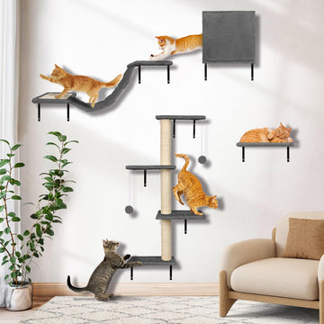 Myiosus Kletterwand Katzen, 10-teilig Katzen Kletterwand Set, Stabiles Kratzbaum Wand, Plüsch-Wandkratzbaum, Katzenmöbel mit Katzenhaus, Katzenbrücke, Kratzbaum mit Hängeball, Bequem Katzenliege