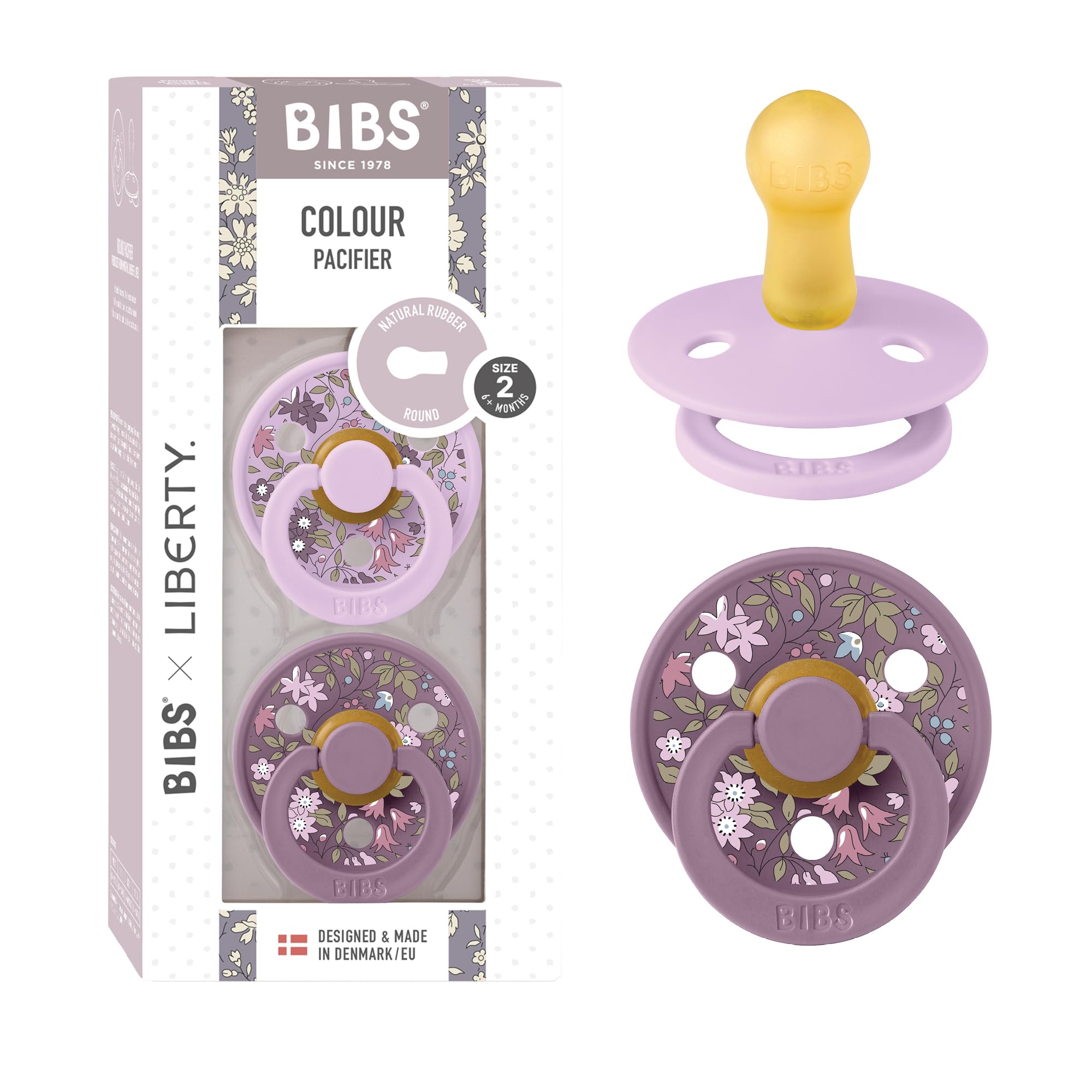 BIBS Colour Liberty Schnuller 2er-Pack, BPA-frei, Kirschform Nippel. Naturkautschuk/Latex, Hergestellt in Dänemark, Größe 2 (6-18 Monate), Chamomile Lawn Violet Sky