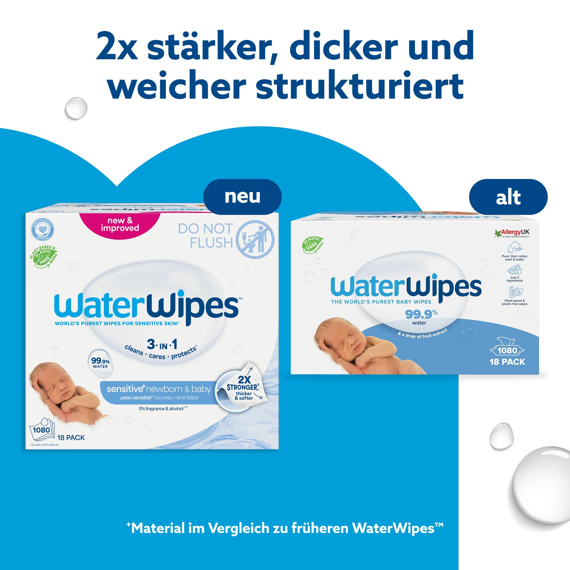 WaterWipes Sensitive+ Newborn & Baby Wipes, Feuchttücher für Neugeborene und Babys, 720 Stück (12 Packungen), 3-in-1-Reinigung, Pflege, Schutz, 99,9% Wasser, parfümfrei