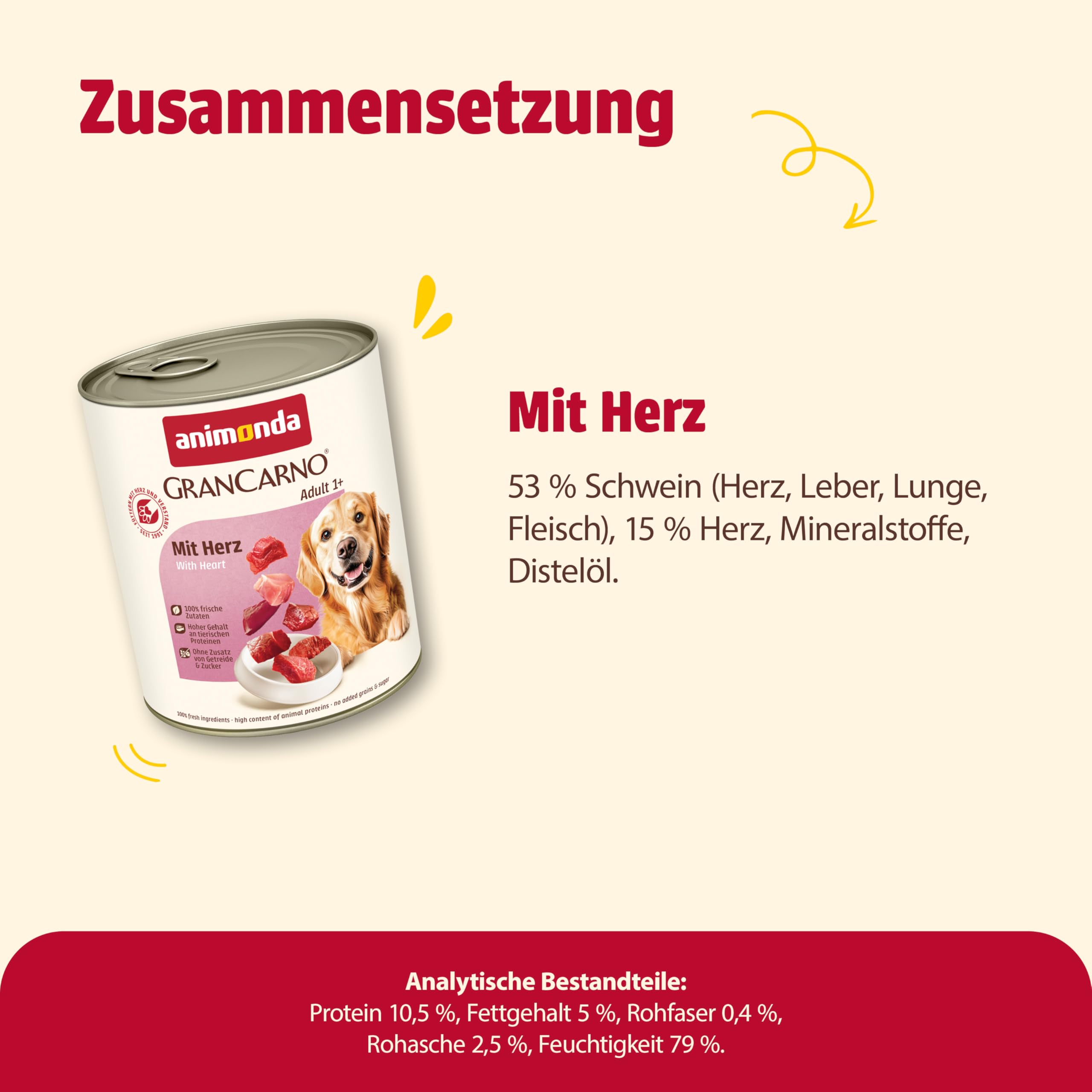 animonda GranCarno Hunde Nassfutter mit Rind + Entenherzen (6 x 800 g), getreidefreies Hundenassfutter ohne Zucker, für ausgewachsene Hunde, mit frischen fleischigen Zutaten
