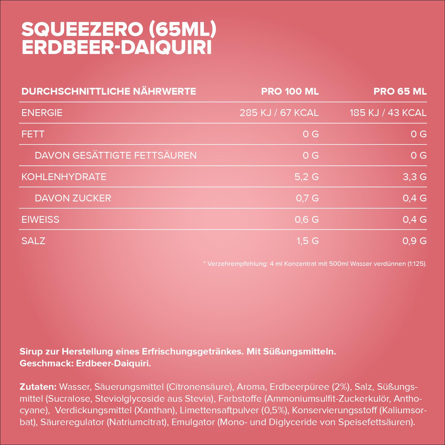 IronMaxx SqueeZero - Raspberry 65ml | Sirup, Erfrischendes Geschmackserlebnis für 8 Liter, Zuckerfrei und Kalorienfrei in 100ml verzehrfertigem Getränk