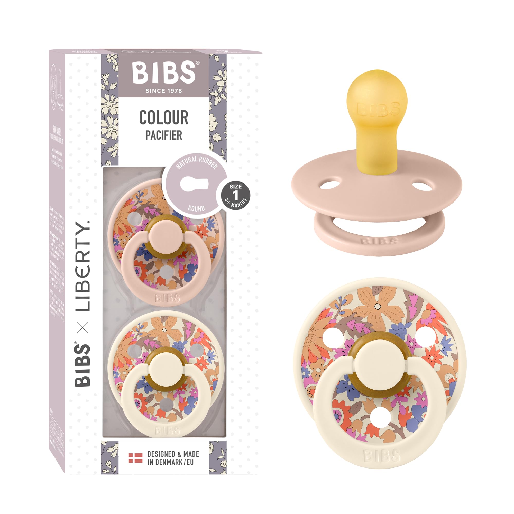 BIBS Colour Liberty Schnuller 2er-Pack, BPA-frei, Kirschform Nippel. Naturkautschuk/Latex, Hergestellt in Dänemark, Größe 2 (6-18 Monate), Chamomile Lawn Violet Sky