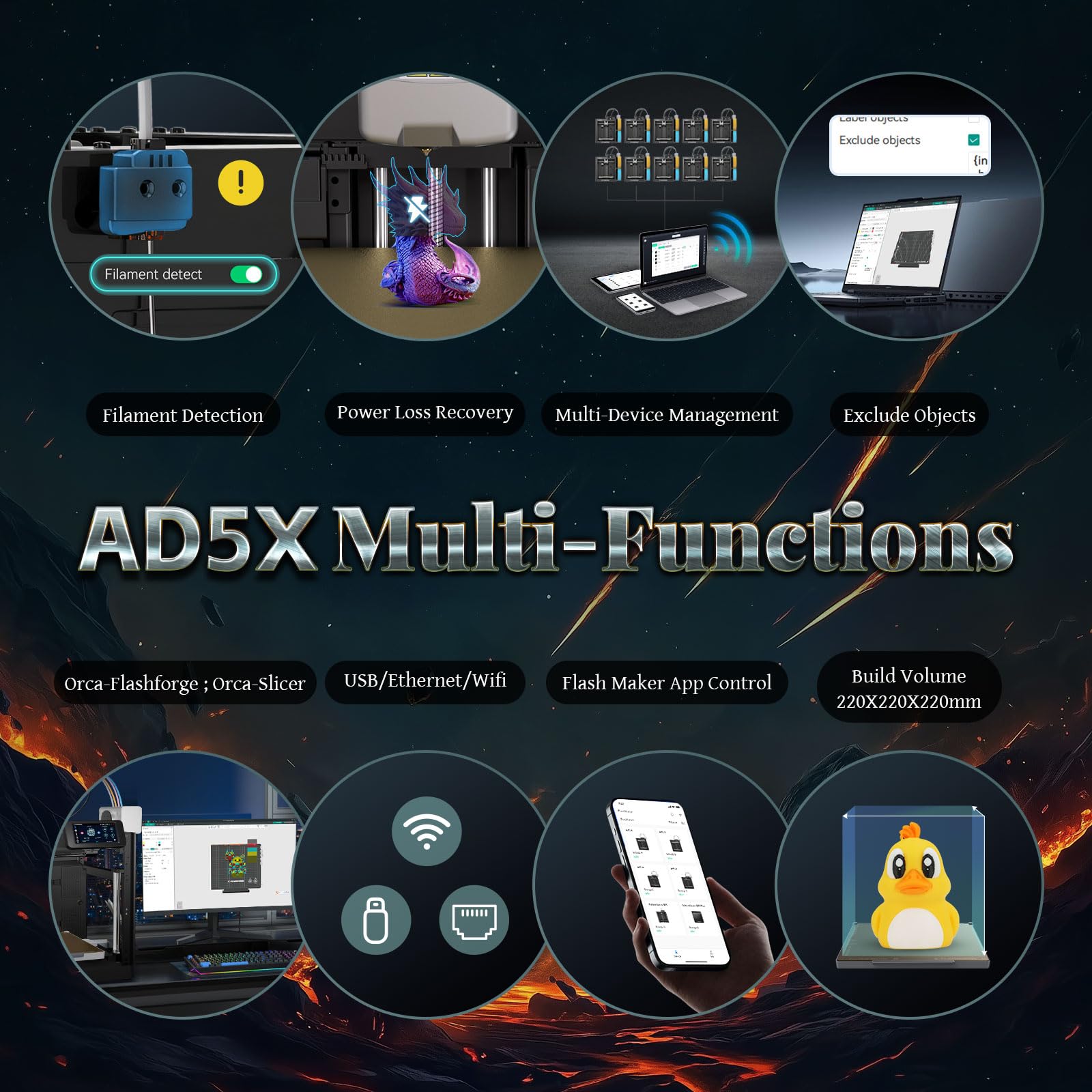 FLASHFORGE AD5X 3D Printer,Multi-Color Printing, 220x220x220mm Build Volume
