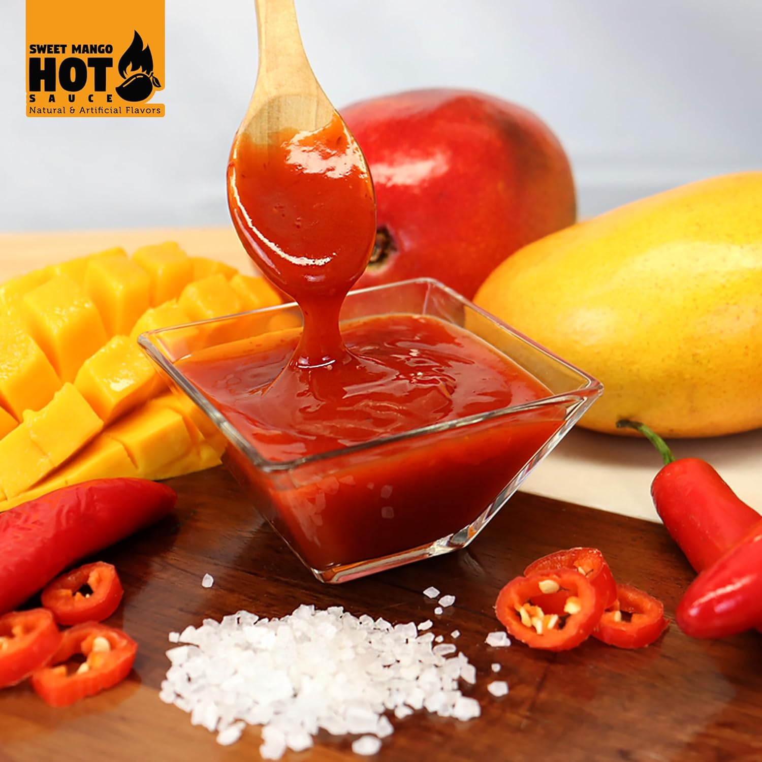 Mr. Wings Sweet Mango Mild Sauce 1 Gallon (128 Fl Oz). Sweet and spicy delight, perfect for boneless chicken, fries, drinks, and your favorite snacks. Large bulk sauce.