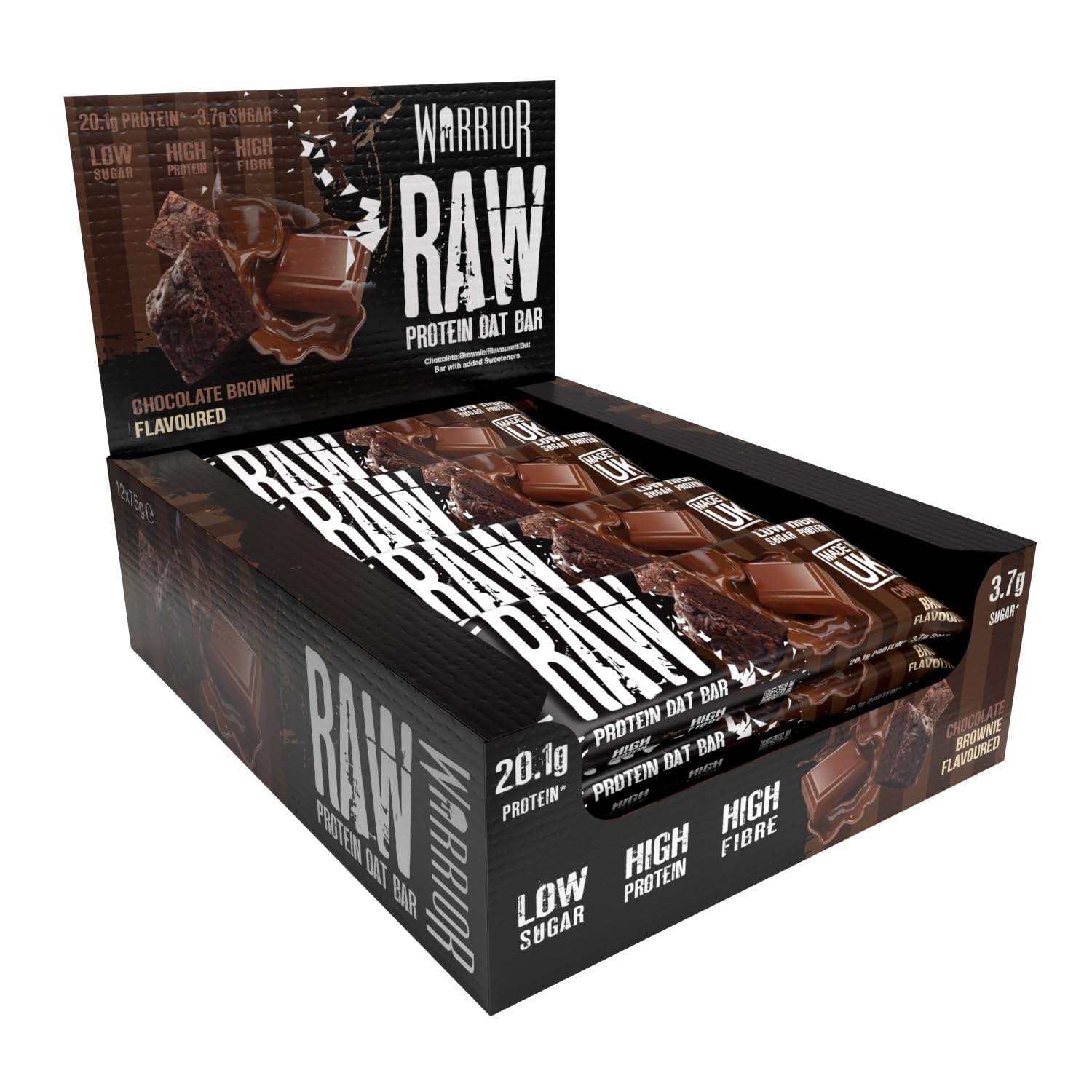 Warrior Raw Proteinriegel 12 x 75 g – Ballaststoffreicher Haferriegel mit Protein, High Protein Snack ohne Zucker, Natürlicher Haferflocken Riegel mit Präbiotika – Schoko-Brownie