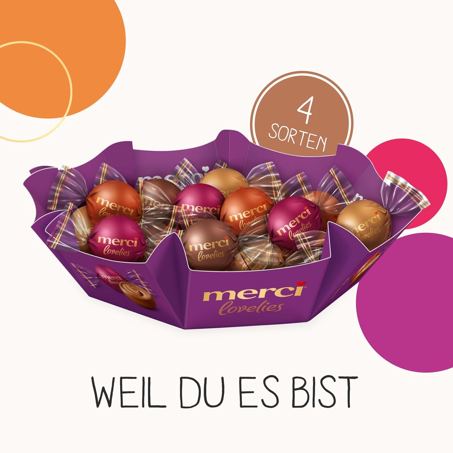 merci lovelies Classic – 1 x 185 g – Pralinen-Schachtel mit 5 gefüllten Schokoladen-Spezialitäten – Schokokugeln zum Teilen & Verschenken