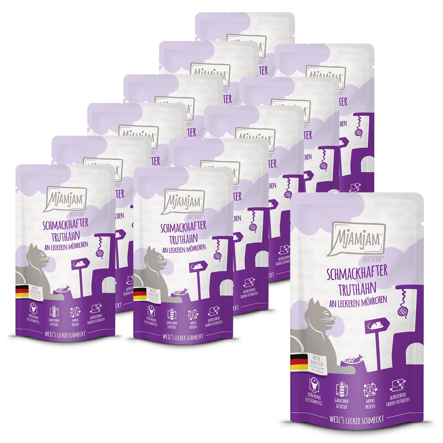 MjAMjAM - Premium Nassfutter für Katzen - saftiges Huhn an leckeren Möhrchen, 6er Pack (6 x 400 g), getreidefrei mit extra viel Fleisch