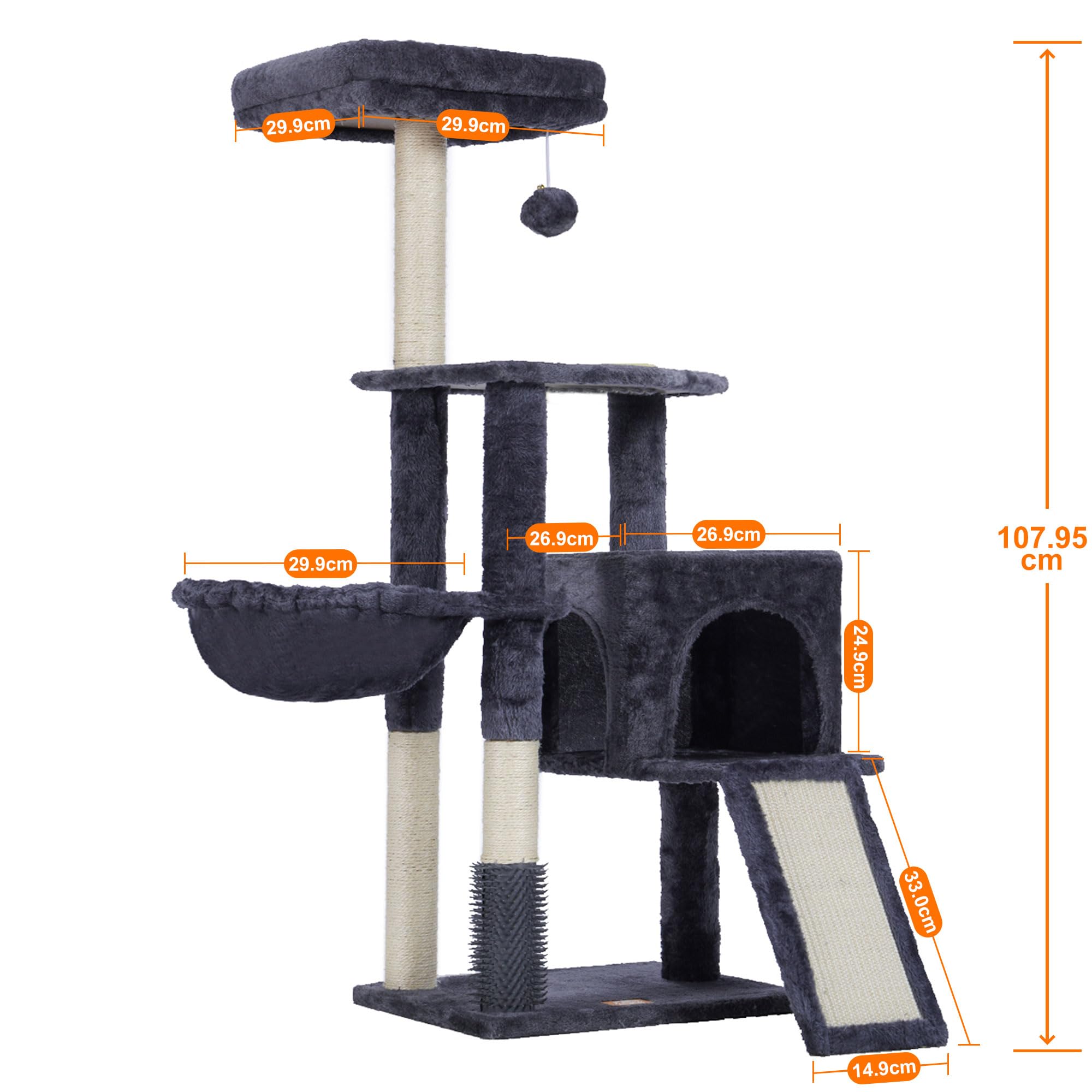 Heybly Kratzbaum mit Katzenbürste, Katzenbaum für Hauskatzen mit Gepolsterter Sitzstange aus Plüsch, Katzenkratzbaum mit Korb, Kratzbrett und Kratzbaum, Hellgrau HCT005SW