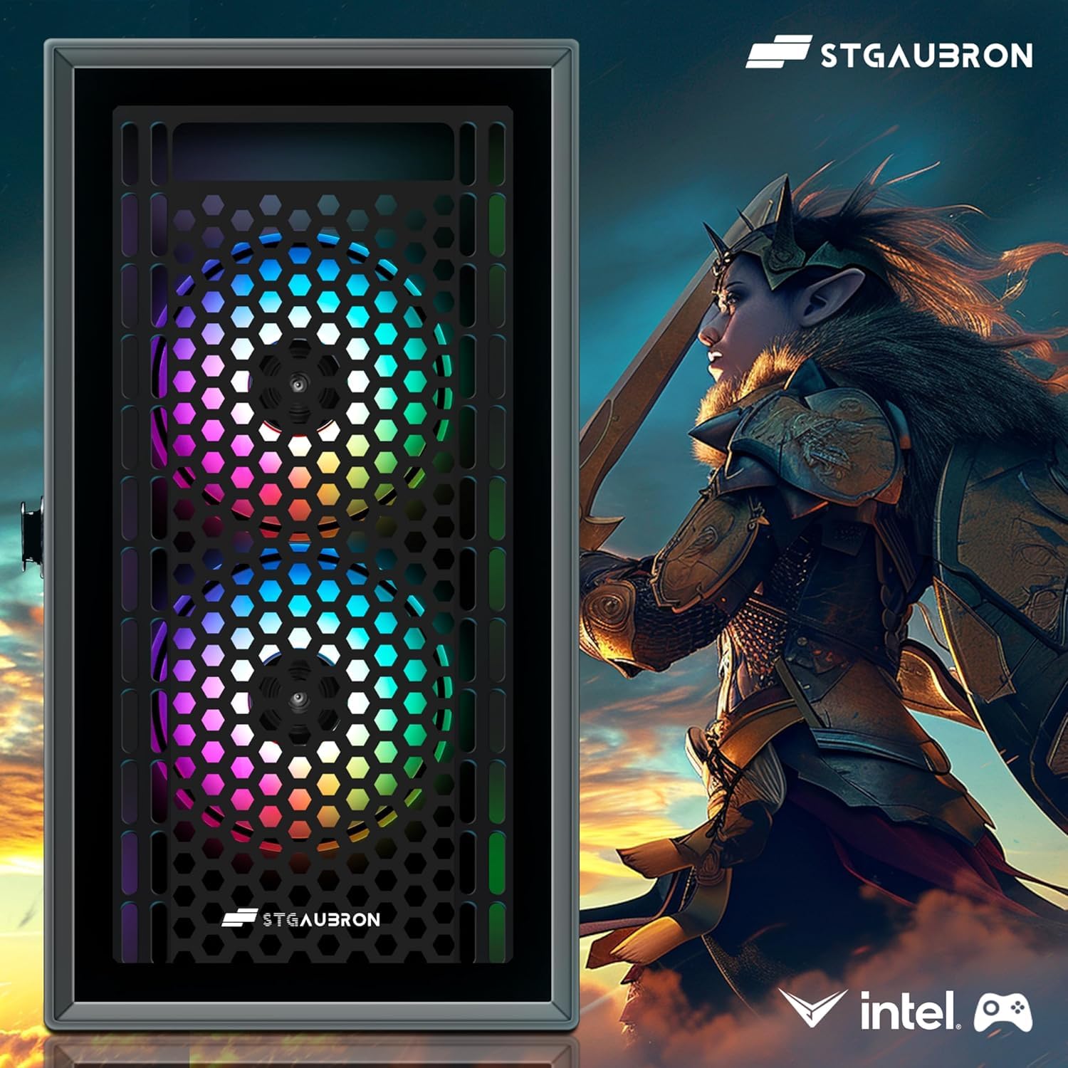 STGAubron Gaming PC Desktop Computer, Intel Core i7 up to 3.9GHz, Radeon RX 580 8G, 16G RAM, 512G SSD, WiFi 6, BT 5.0, RGB Fan x4, Windows 11 Home