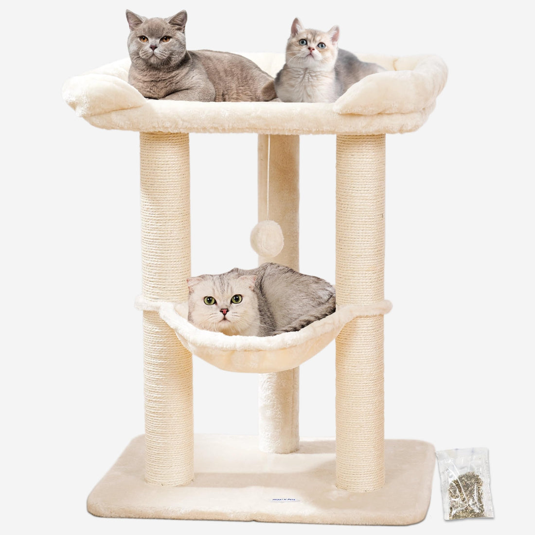 Happi N Pets 71CM Kratzbaum für Katzen, Hoher Kratzstamm mit großem Bett für große Katzen, Sisal-Kratzbaum mit weicher Liegefläche & Hängematte, Stabiler Katzenbaum, Abnehmbarer Bezug-Beige