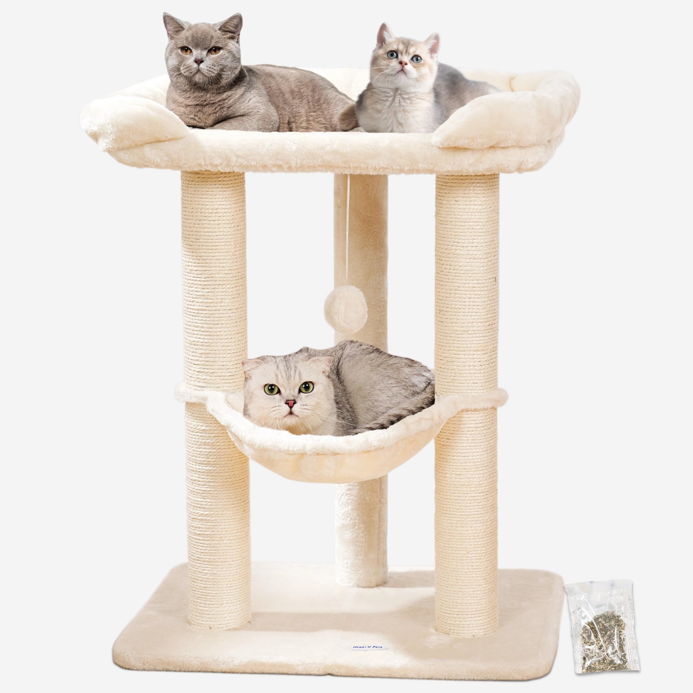 Happi N Pets 71CM Kratzbaum für Katzen, Hoher Kratzstamm mit großem Bett für große Katzen, Sisal-Kratzbaum mit weicher Liegefläche & Hängematte, Stabiler Katzenbaum, Abnehmbarer Bezug-Beige