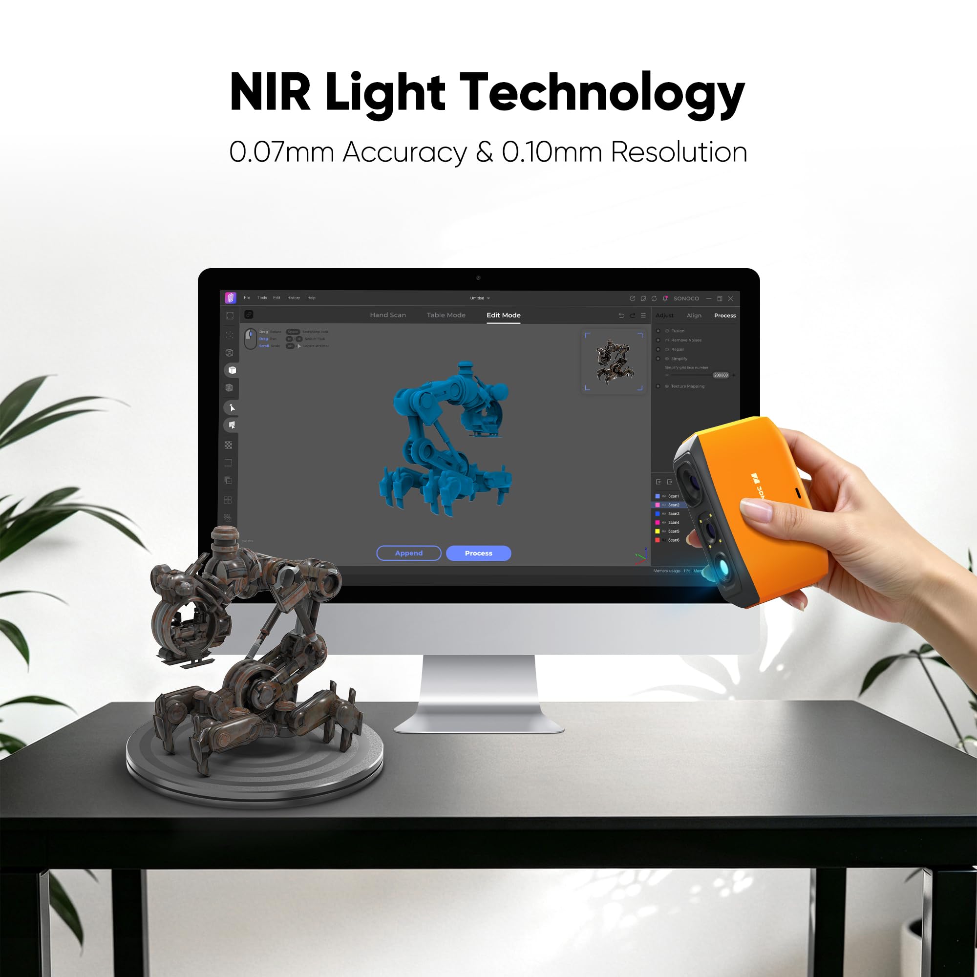 3DMakerpro Fox Entry-Level Medium-Format 3D Scanners for 3D Printing, Handheld 3D Scanner with Markerless AI Visual Tracking, 10FPS Fast Scan, 0.07mm Accuracy for 3D Printer