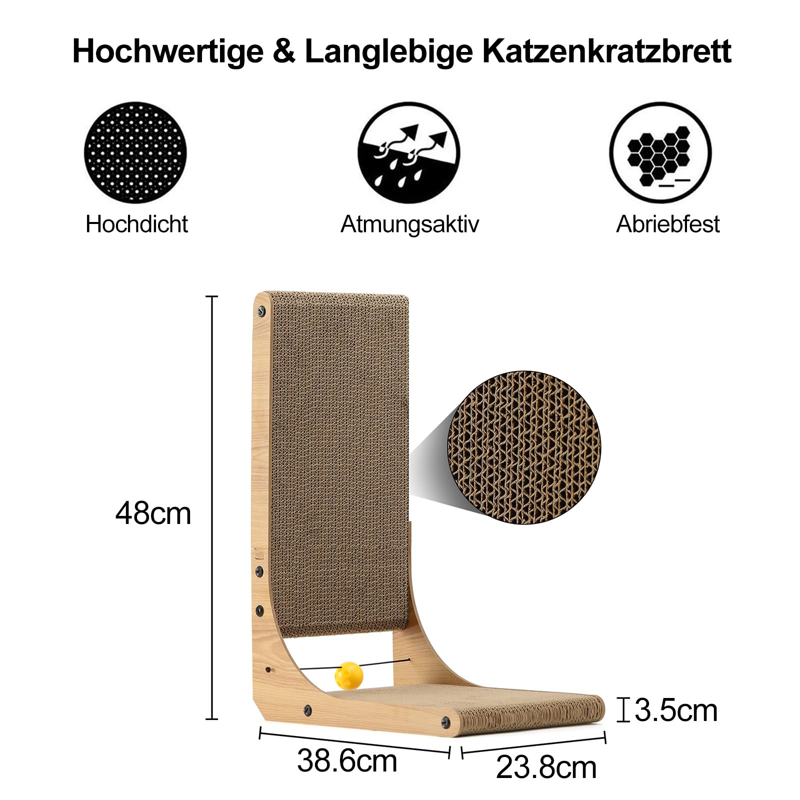 FUKUMARU Kratzbrett Katzen, 68 cm hohe L förmige Kratzpappe für Katzen, widerstandsfähig Katzenkratzbrett mit Ballspielzeug, Kratzmöbel aus hochwertiger Karton für Wand und Ecke, Groß