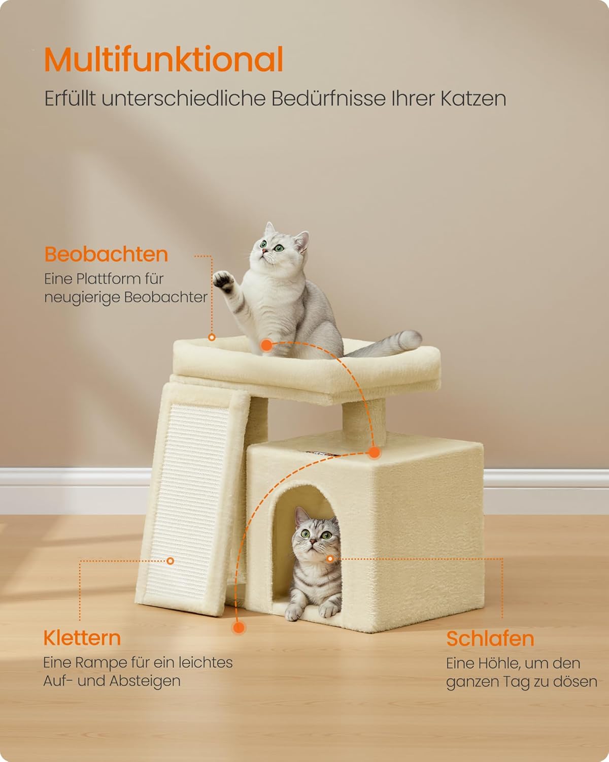 Feandrea Kratzbaum, Katzenbaum mit Kratzsäulen, Rampe, Katzenkratzbaum, 2 große Plattformen, Höhle und Korb, 85,8 cm hoch, Taubengrau PCT013GD01