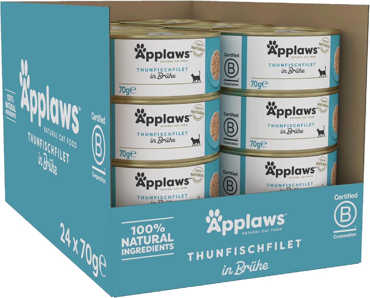 Applaws 100% Natural Thunfischfilet Nassfutter in Brühe für ausgewachsene Katzen - 24 x 70g Dosen