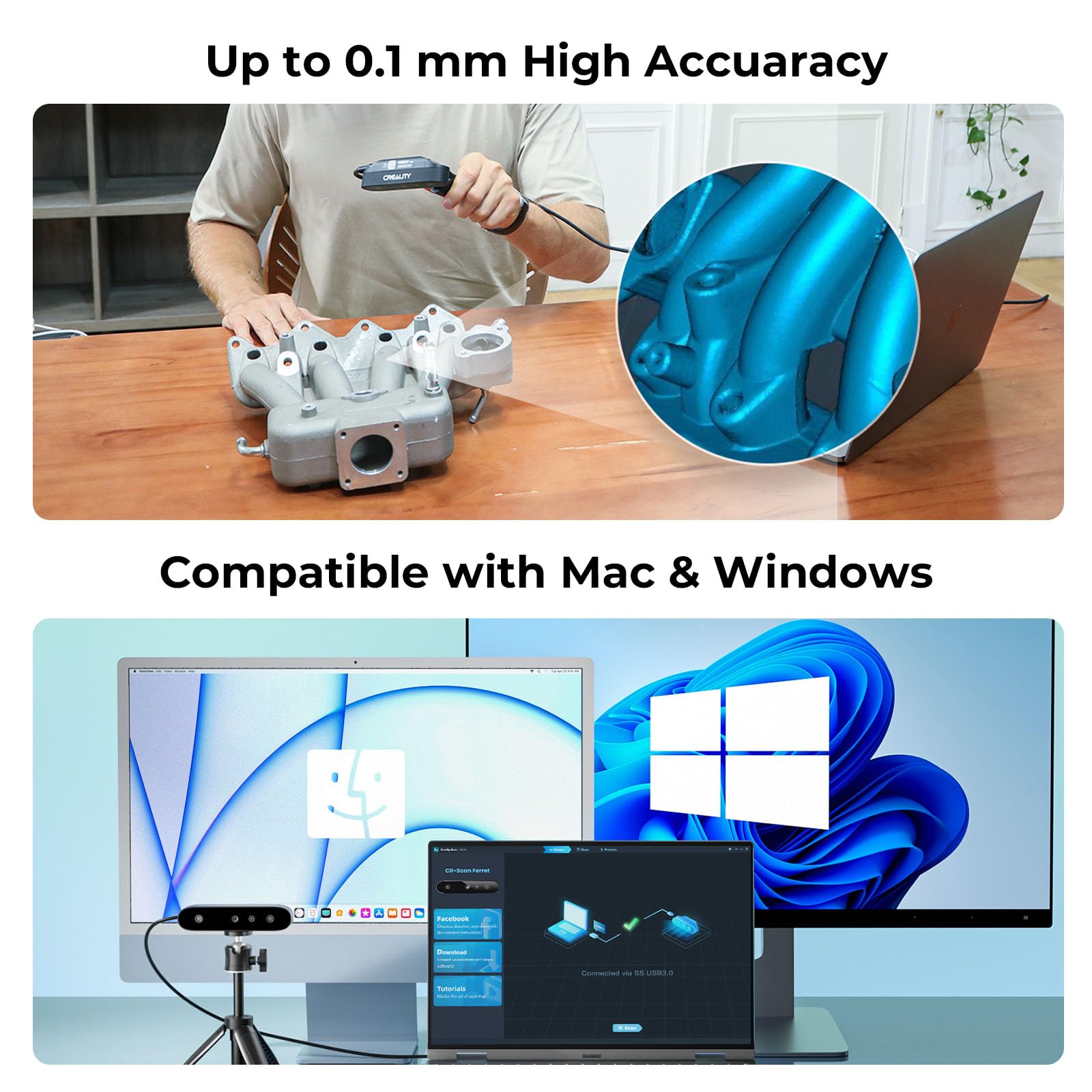 Creality 3D Scanner CR-Scan Ferret Pro for 3D Printing, Upgrade Handheld Scanner with Wireless Scanning Anti-Shake Tracking, Fast Full-Color Scan, 0.1mm Accuracy for iOS/Android Phone PC Win 10/11