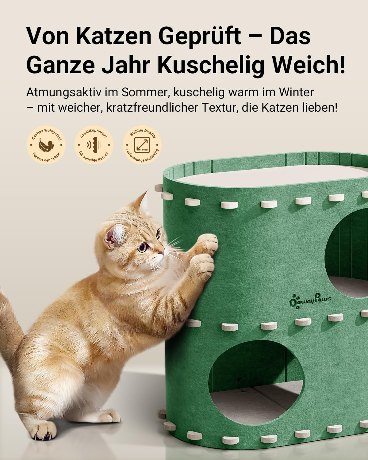 Katzenhöhle Filz, Katzenhaus aus Filz, Katzenbett, Katzenhöhle für Katzen, 58 x 33 x 30cm, Peek-a-Boo zum Spielen, Winterfest, Schutz der Katzennägel, Beige