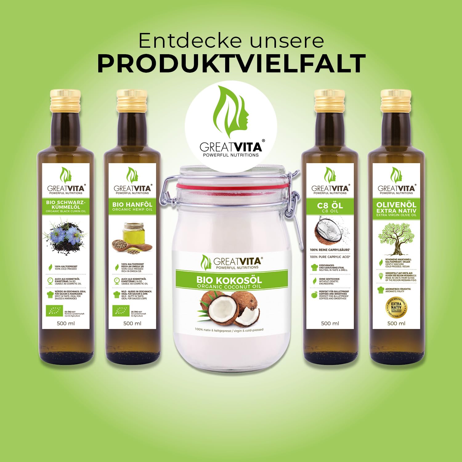 GreatVita MCT Öl auf Kokosölbasis 2x 500 ml | C8 & C10 Fettsäuren, Premium Qualität - 70% Caprylsäure & 30% Caprinsäure - Aufdruck kann variieren