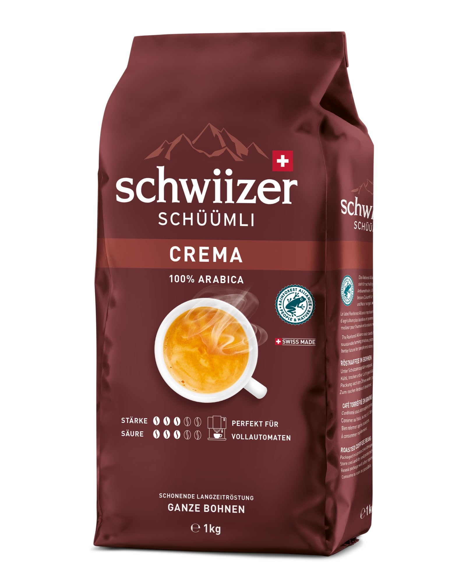 Schwiizer Schüümli Espresso, 100% Arabica Kaffeebohnen, kräftig-intensiv, ideal für Vollautomaten, Stärke 4/5, mittlere Röstung, Rainforest Alliance, 1kg