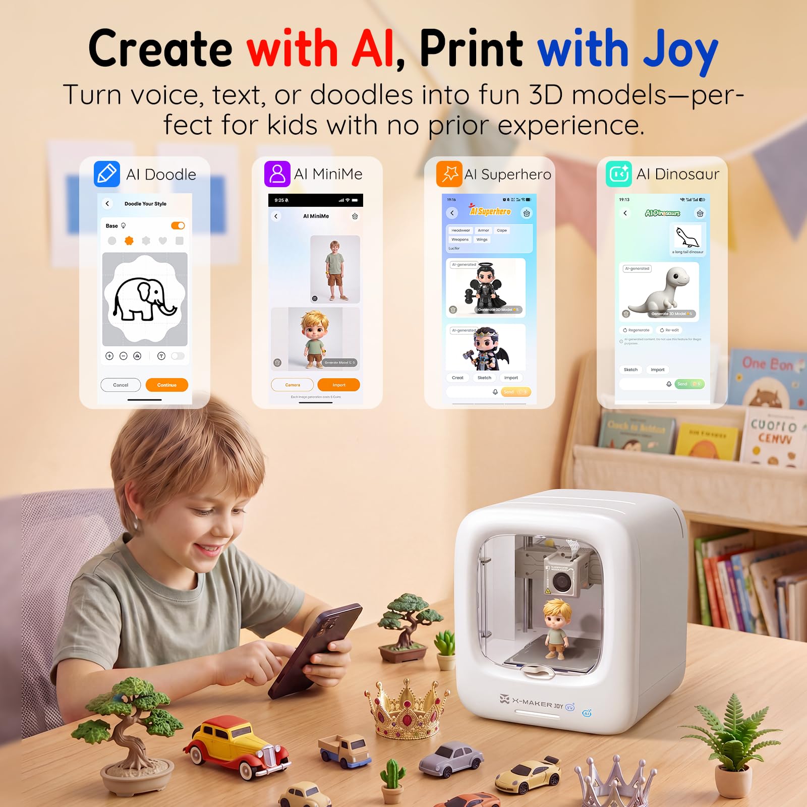 AOSEED 3D Printer for Kids, Fully Assembled AI 3D Printer with 8,000+ Models & 17+ Modules, 400mm/s High Speed, Leveling Free, STEM Toy Gift with 8 PLA Filaments for Home & School, X-Maker Joy AI+