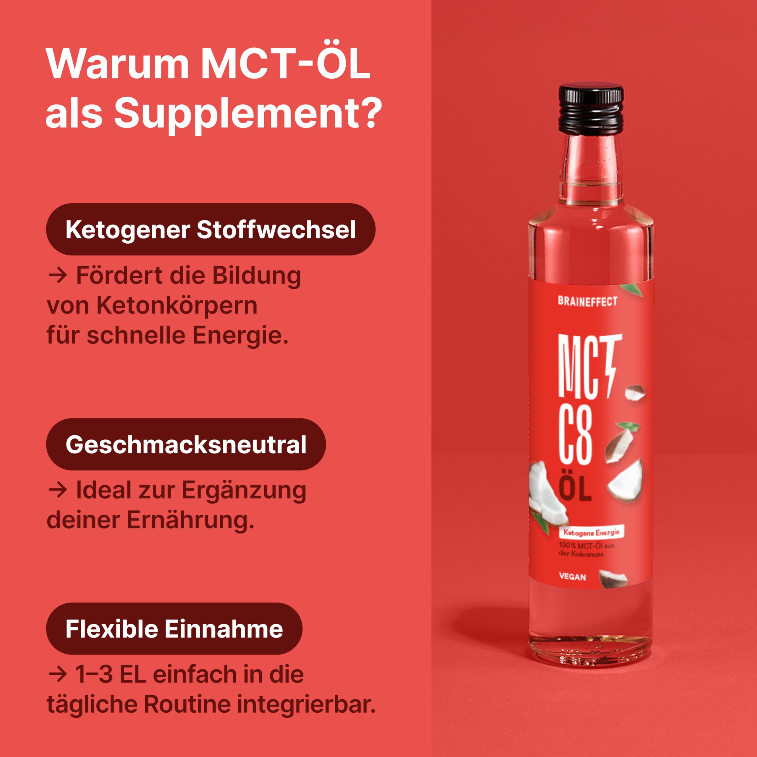 BRAINEFFECT MCT-Öl C8 – Reiner Extrakt aus Kokosöl, Bildet 3x mehr Ketone als andere MCT-Öle, Ideal für Low-Carb-, Paleo- und ketogene Ernährung & Bulletproof Coffee – 1 Liter
