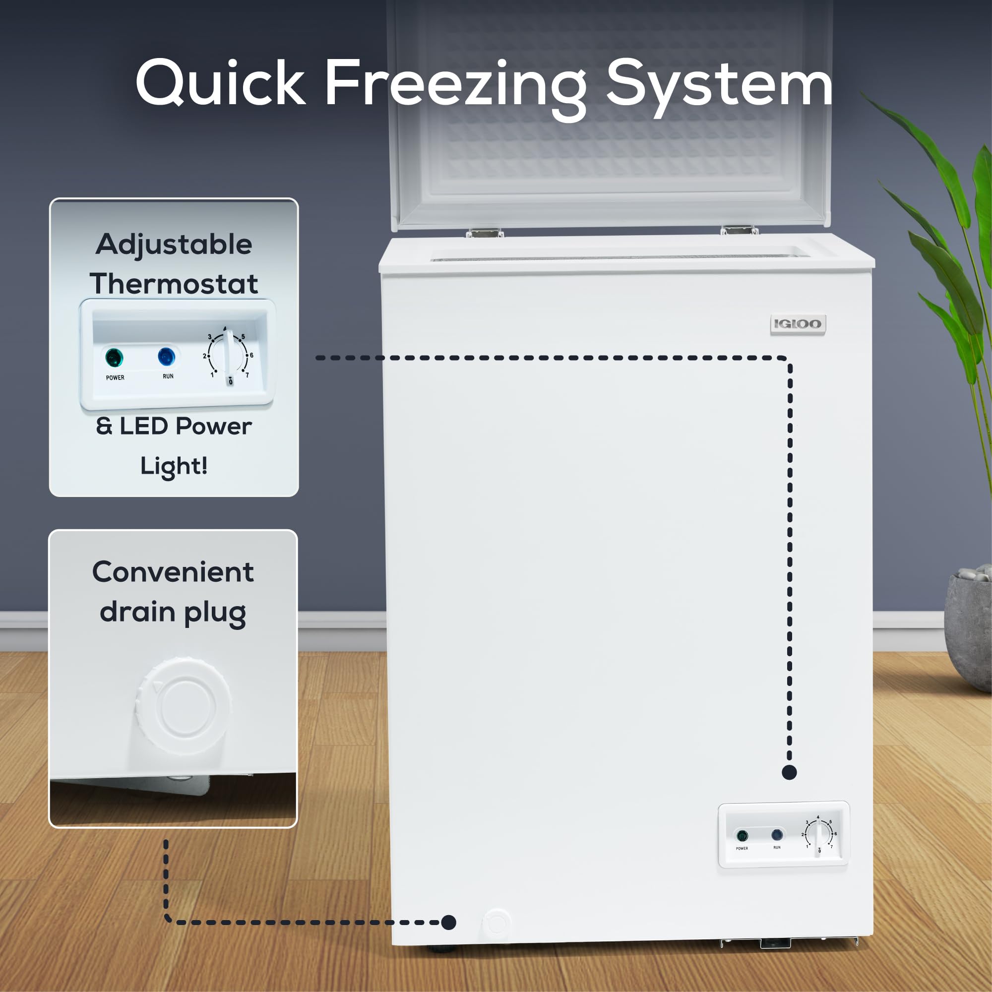 Igloo 3.5 Cu Ft. Upright Deep Freezer Chest- Deep Freezer with Quick Freezing System & Adjustable Thermostat- Low Noise Freezer with Removable Basket & LED Lights for Homes, Garages & Basements- Black