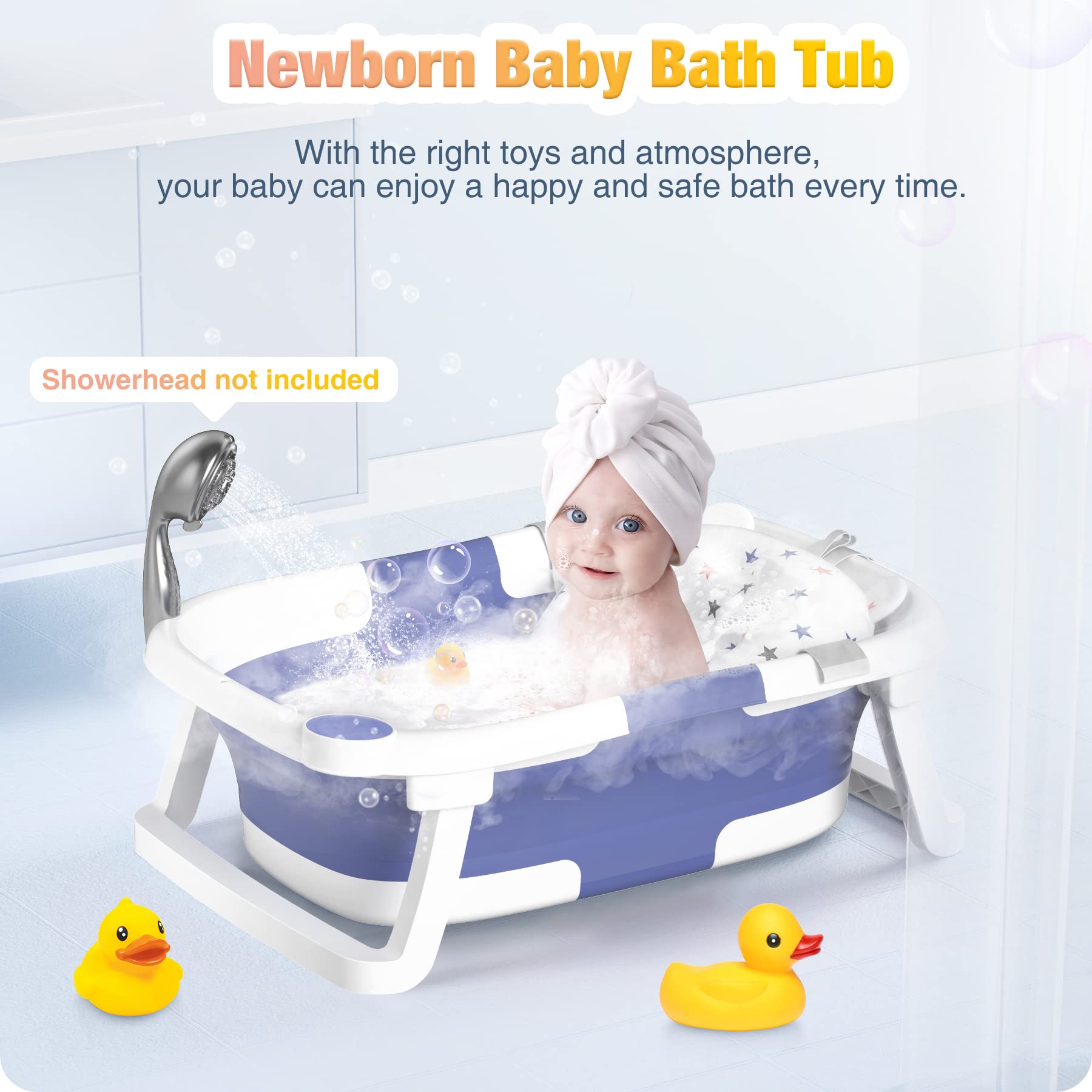 Baby Badewanne Faltbare, Baby Bathtub Babywanne Faltbar Babybadewanne Tragbare Wanne für Neugeborene Kleinkinder mit Rutschfester Matte und Abflussloch (Kein Thermometer) (Grau)
