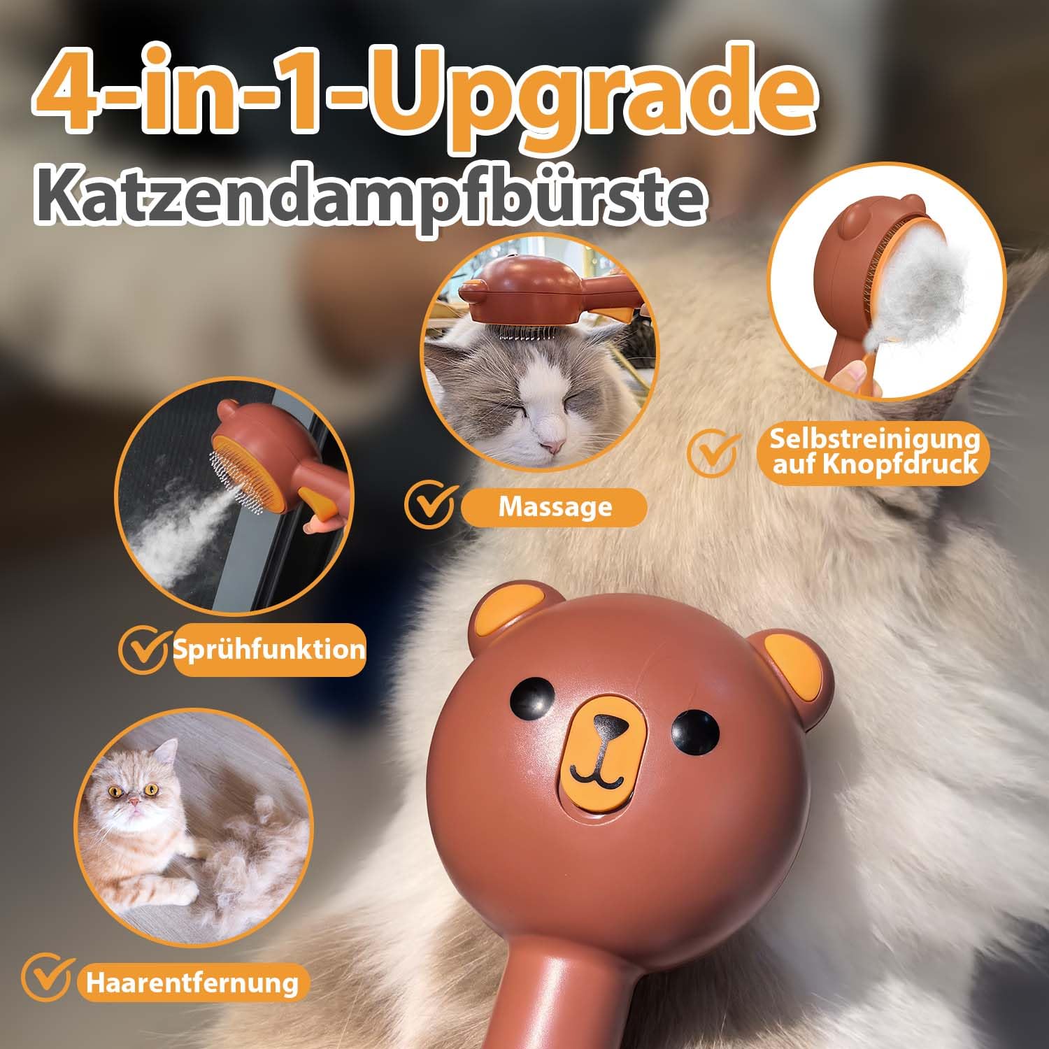 Katzenbürste mit Dampf & Auslöseknopf, Wiederaufladbar Dampfbürste von Katze Hunde, Spray Haustierhaar Bürste, Massage Steamer Kamm für Langhaar und Kurzhaar zum Entfernen Losem Fell und Schmutz