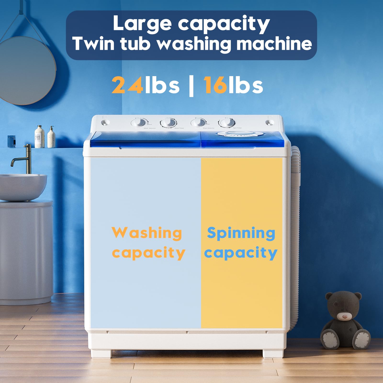Auertech Portable Washing Machine, 28lbs Twin Tub Washer Mini Compact Laundry Machine with Drain Pump, Semi-automatic 18lbs Washer 10lbs Spinner Combo for Dorms, Apartments, RVs