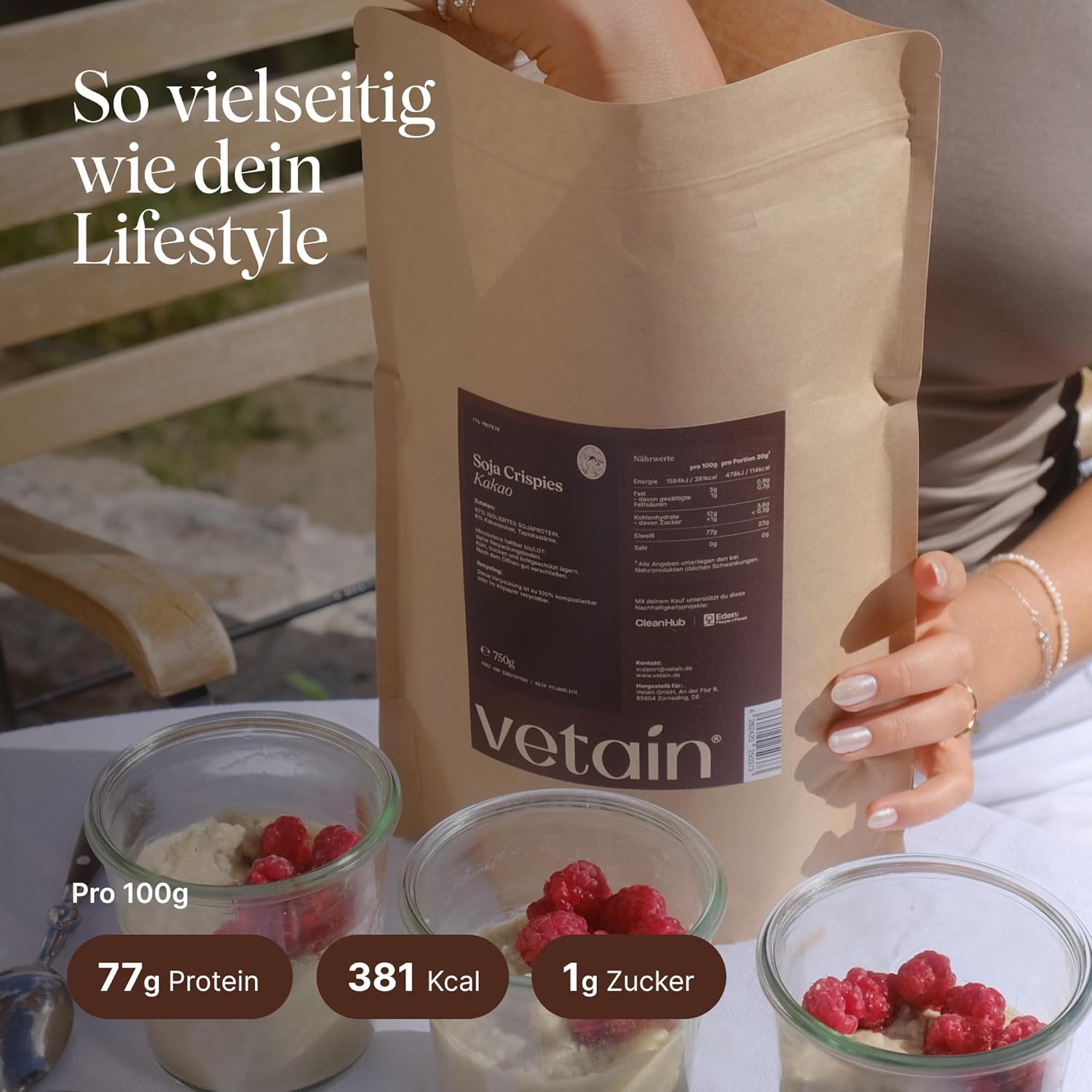 VETAIN Soja Crispies Kakao - 750g - 77% Proteingehalt - Vegan - Ohne Zucker & laktosefrei - Sojaprotein ideal als Topping oder proteinreiche Snackalternative - produziert in Deutschland