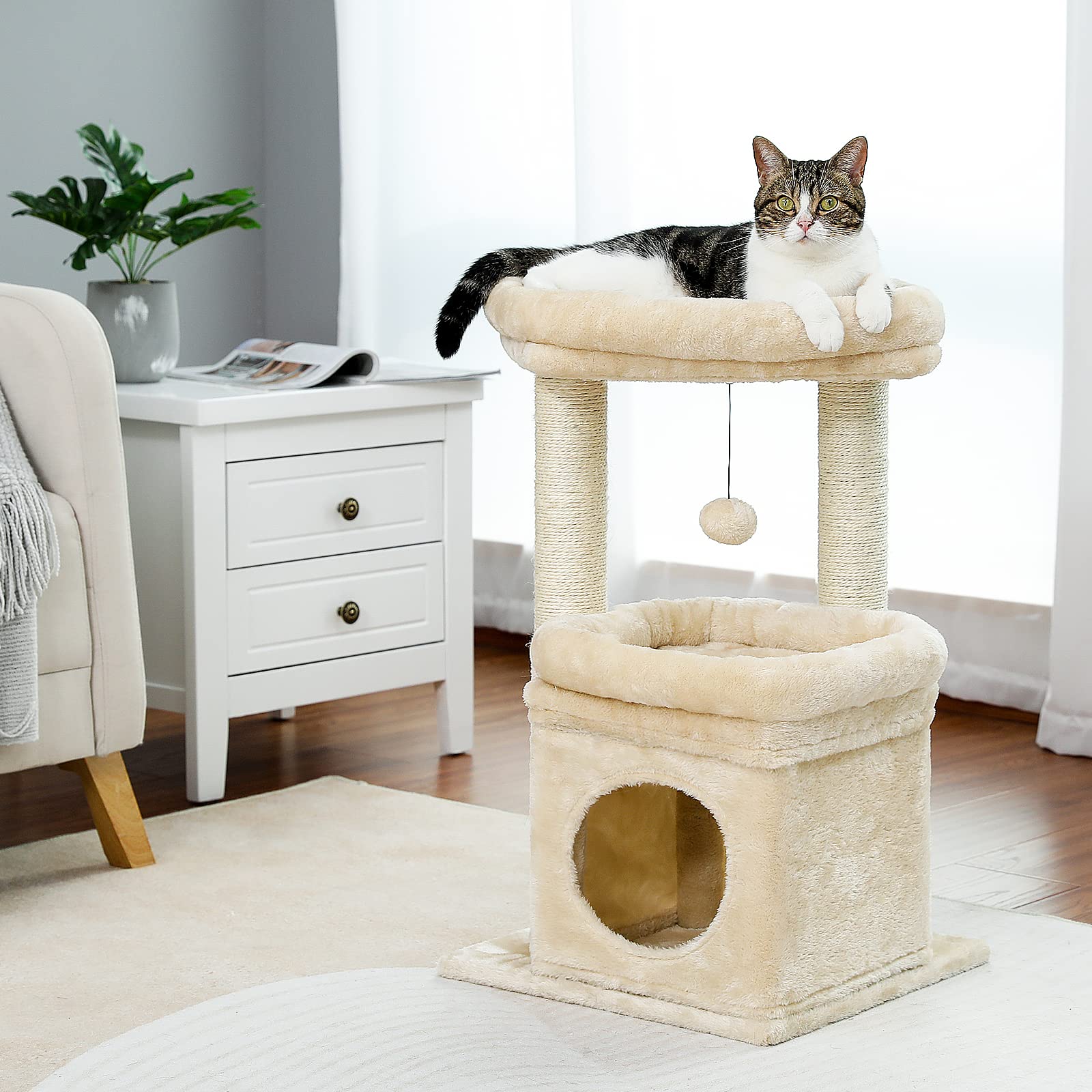 PAWZ Road Kleiner Katzenbaum, mehrstöckiger Katzenturm mit Sisal-überzogenem Kratzbaum, gemütlicher Katzenwohnung und großer Katzensitzstange für Hauskatzen, Beige