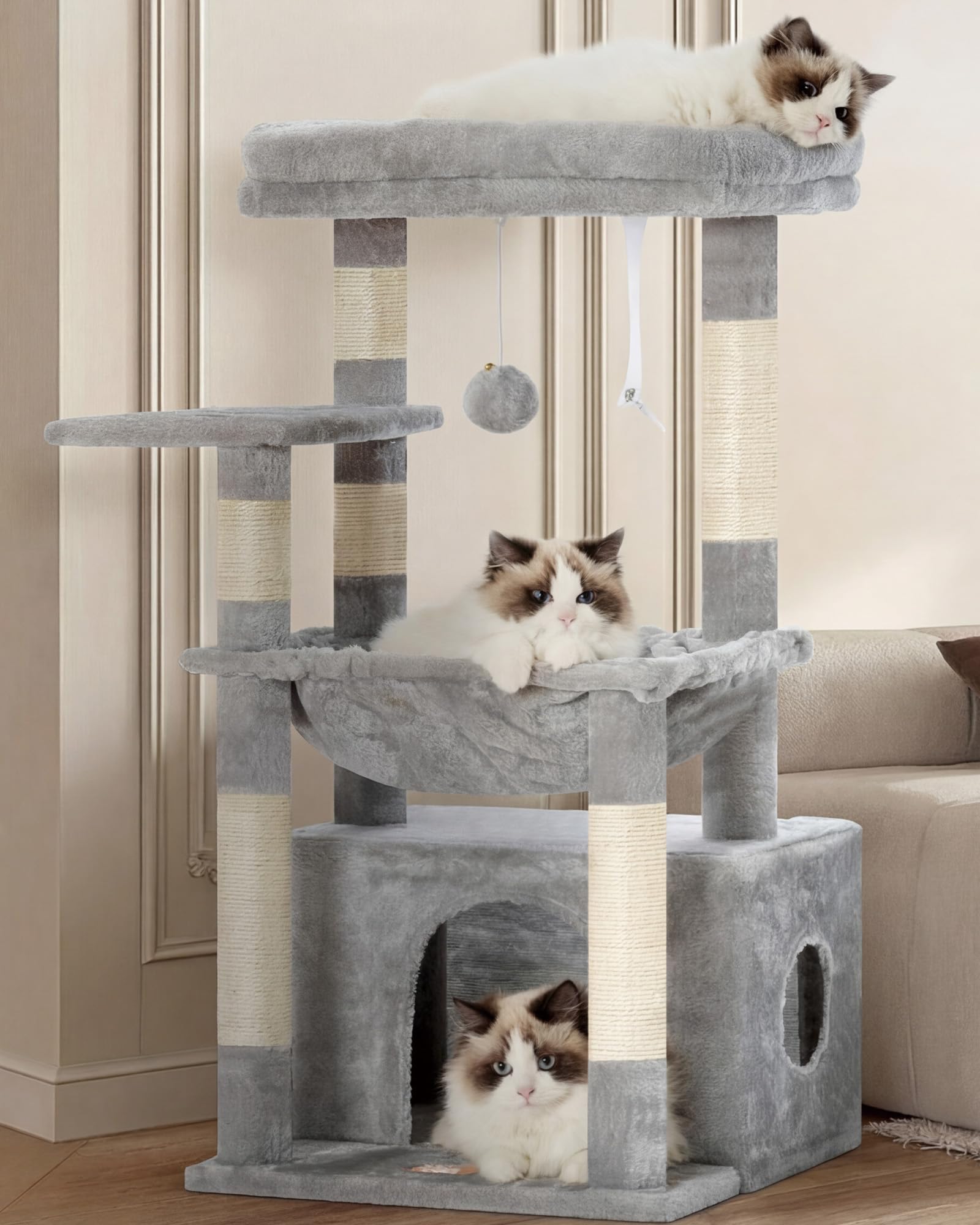Heybly Kratzbaum, Katzenbaum mit Extra Großem, Weichem Katzenkorb, Katzenkratzbaum mit Geräumigem Katzenbett und Verstecktem Schlafplatz, Robusten Sisal-Kratzsäulen, Hellgrau HCT008SW