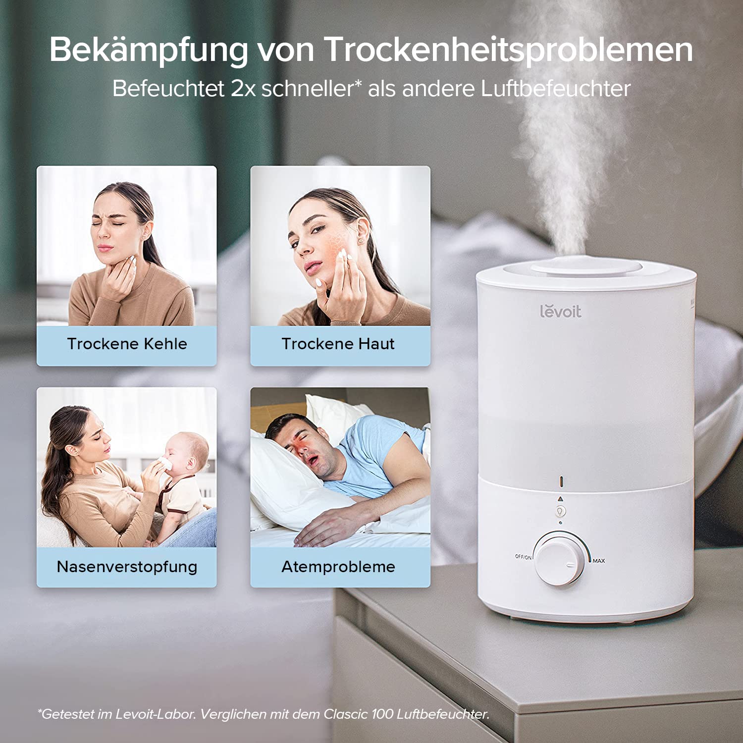 Levoit Luftbefeuchter Schlafzimmer, 23dB leise Humidifier, Top-Fill für Baby, bis 25H, Raumbefeuchter mit 360 grad Drehdüse für Kinderzimmer, Pflanzen, Auto Shut-off, 2,5 L, Weiß