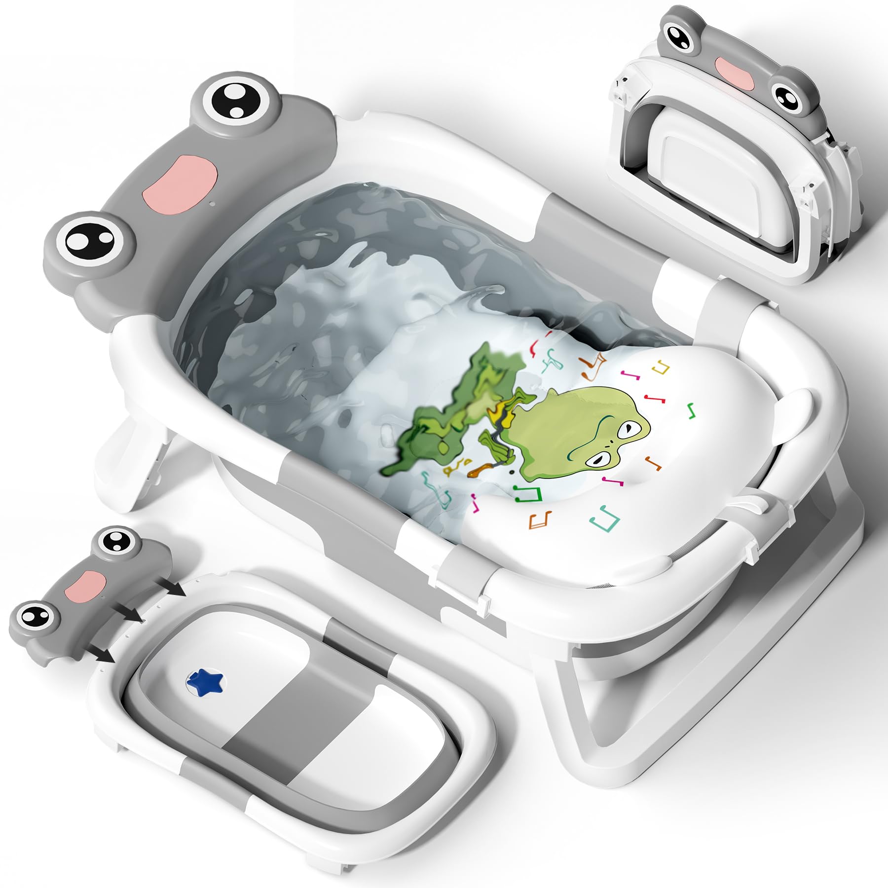 COOSEYA Baby Badewanne für 0-18 Monate, Faltbare Babywanne mit Babybadewanne Stützkissen, Portable Baby Bathtub als Wesentliche Artikel für Neugeborene und Kleinkind, Dinosaurier - Design (Grau)