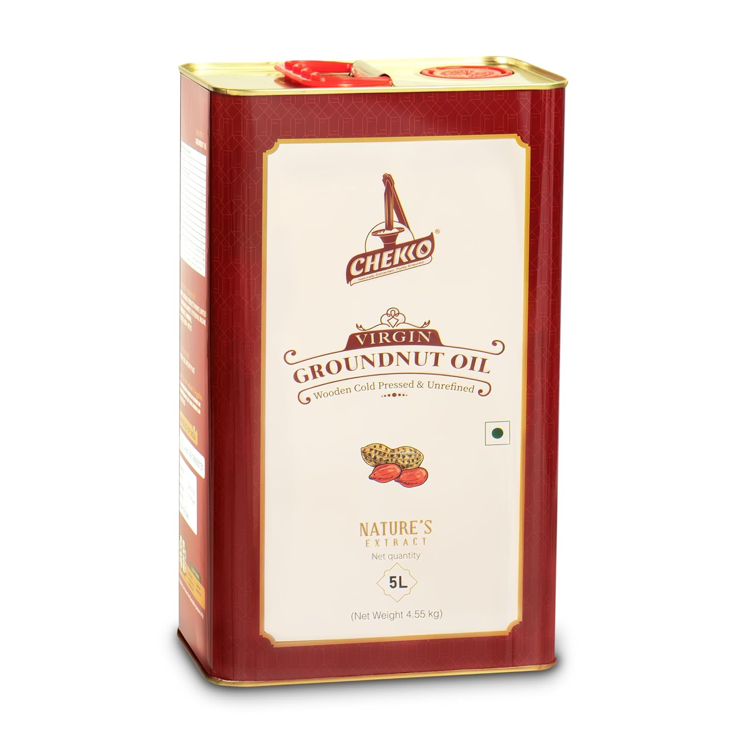Chekko Cold Pressed Virgin 5L Groundnut/Peanut Oil | 100% Natural, Pure, Non GMO & Wood Pressed 169 FL.Oz for Cooking