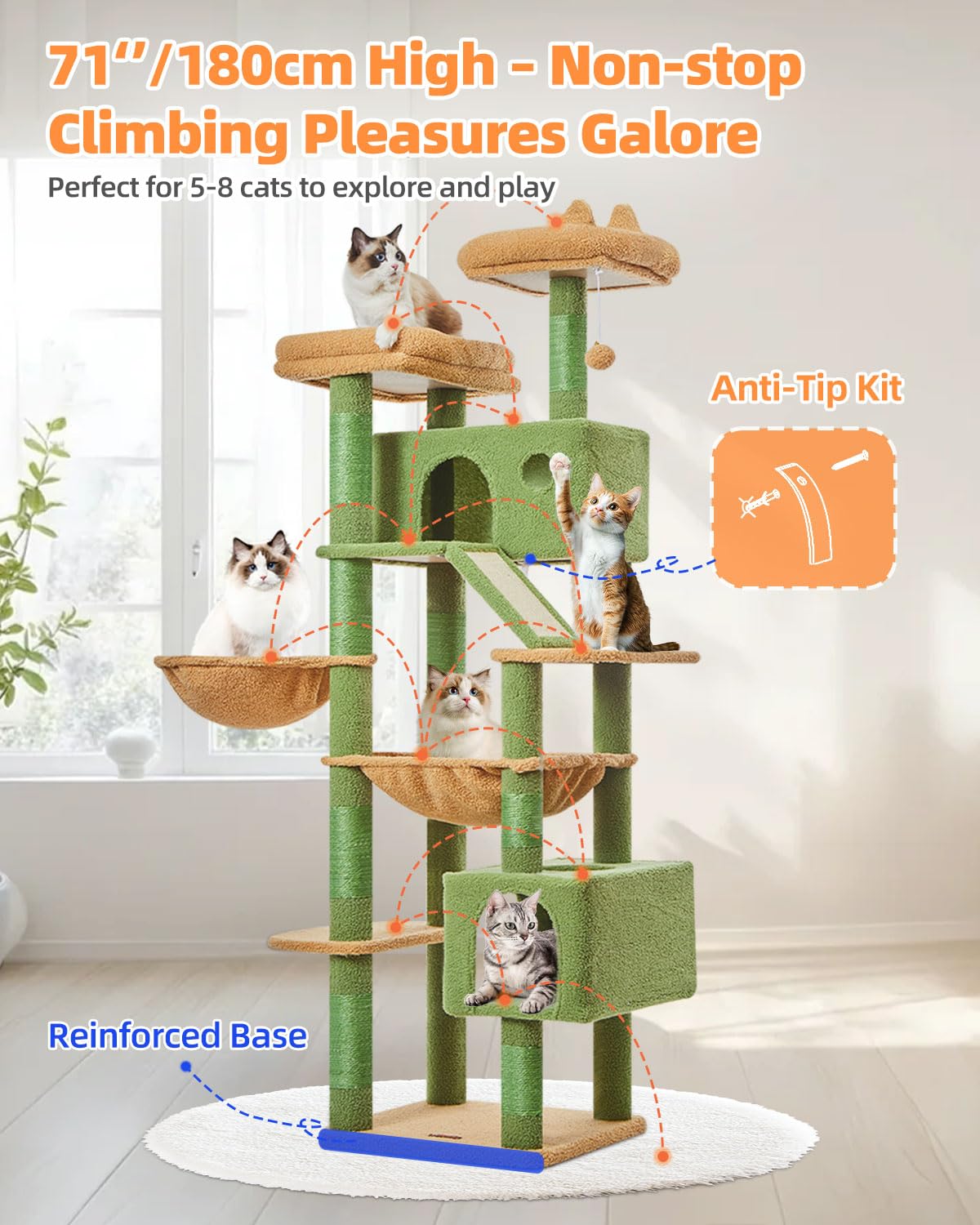Taoqimiao 180CM Kratzbaum Groß, Katzenbaum Katzen Kratzbaum Grosse Katzen Stabil mit 2 Katzenhaus, Metallhängematte, Korb, 8 Kratzsäulen, Katzenkratztafel, MS026LM Beige