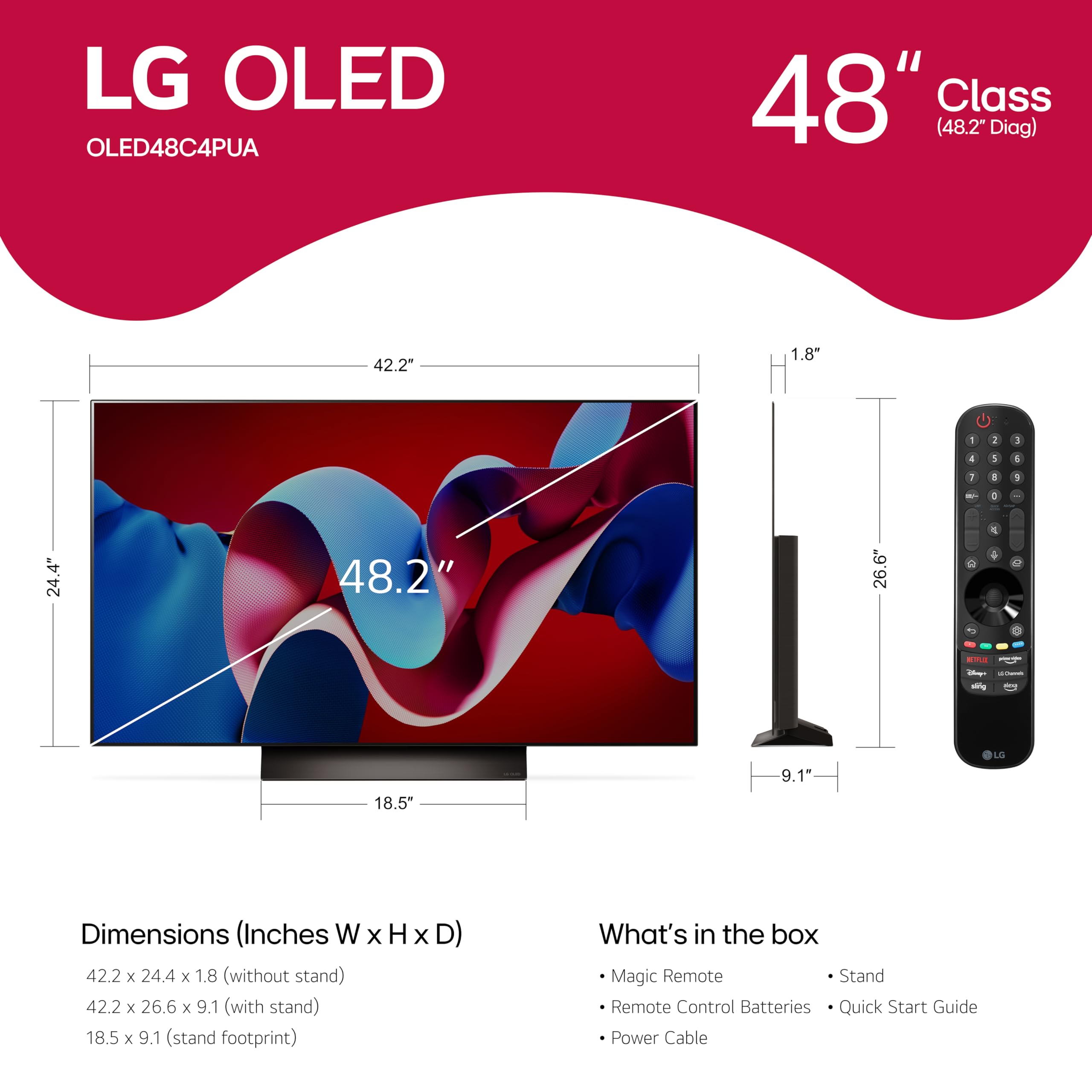LG 42-Inch Class OLED evo C4 Series Smart TV 4K Processor Flat Screen with Magic Remote AI-Powered with Alexa Built-in (OLED42C4PUA, 2024)