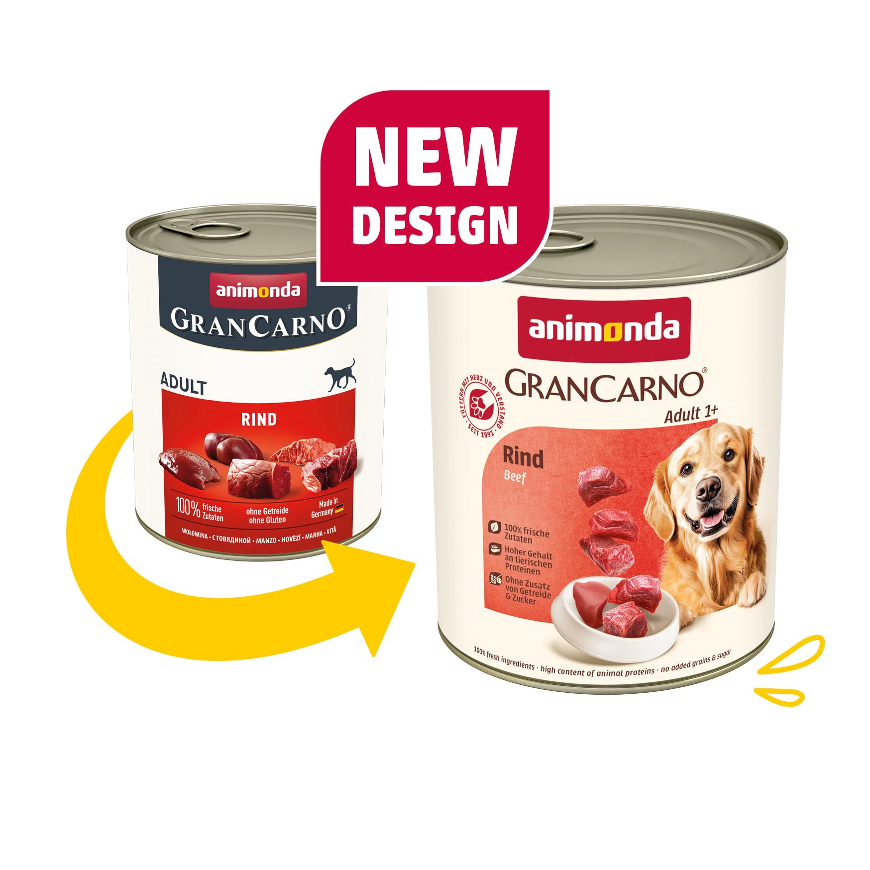 animonda GranCarno Hunde Nassfutter mit Rind + Entenherzen (6 x 800 g), getreidefreies Hundenassfutter ohne Zucker, für ausgewachsene Hunde, mit frischen fleischigen Zutaten