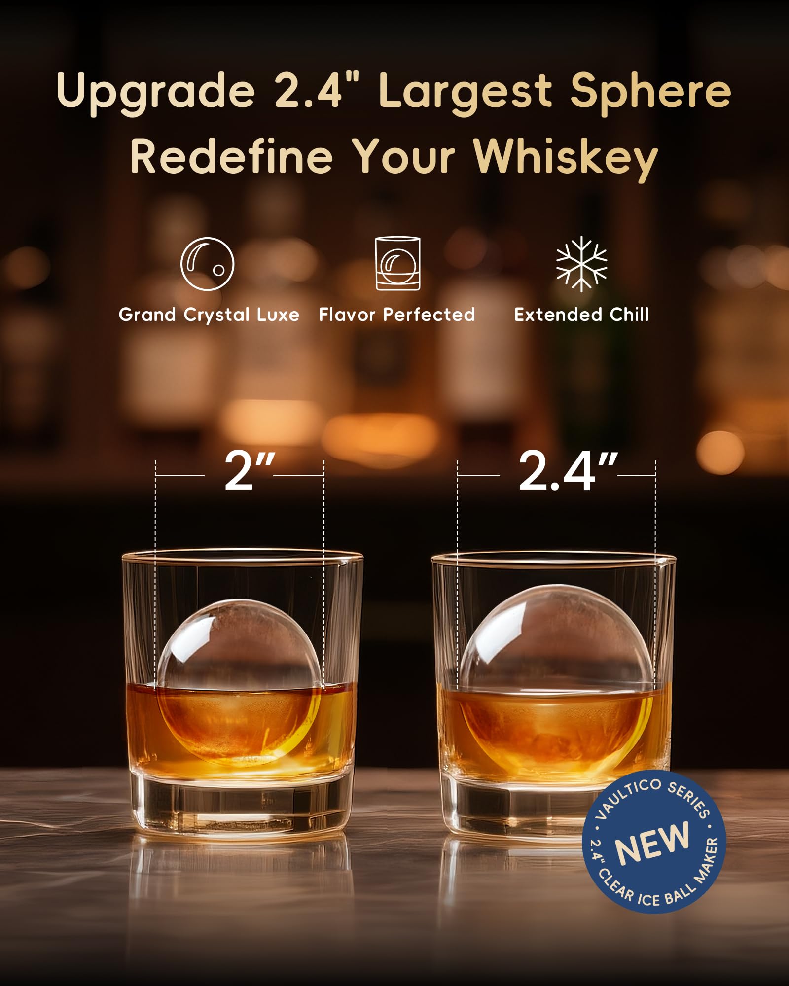 ecozy 2.1" Clear Ice Ball Maker Countertop with CrystalFlux Technology, Minimal Footprint Sphere Ice Maker with 8H Timer, 1 pc in 30 Mins, 48 pcs/Day, Self-Cleaning for Home Bar Whiskey & Bourbon