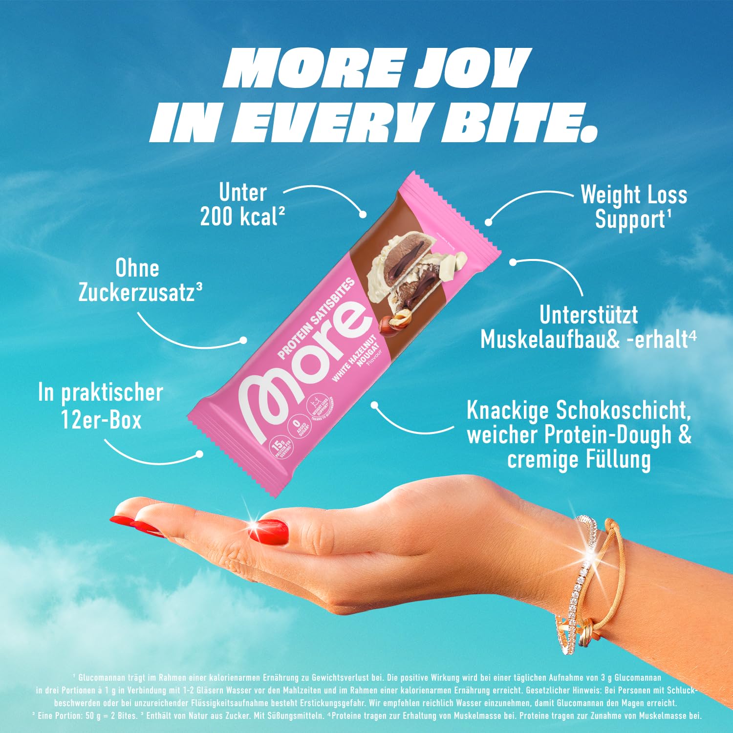 MORE Protein Satisbites, 12er Box Proteinriegel, 12 x 2 x 25 g, White Chocolate Strawberry Cream, bis zu 16 g Protein pro Portion, ohne Zuckerzusatz, made in Germany