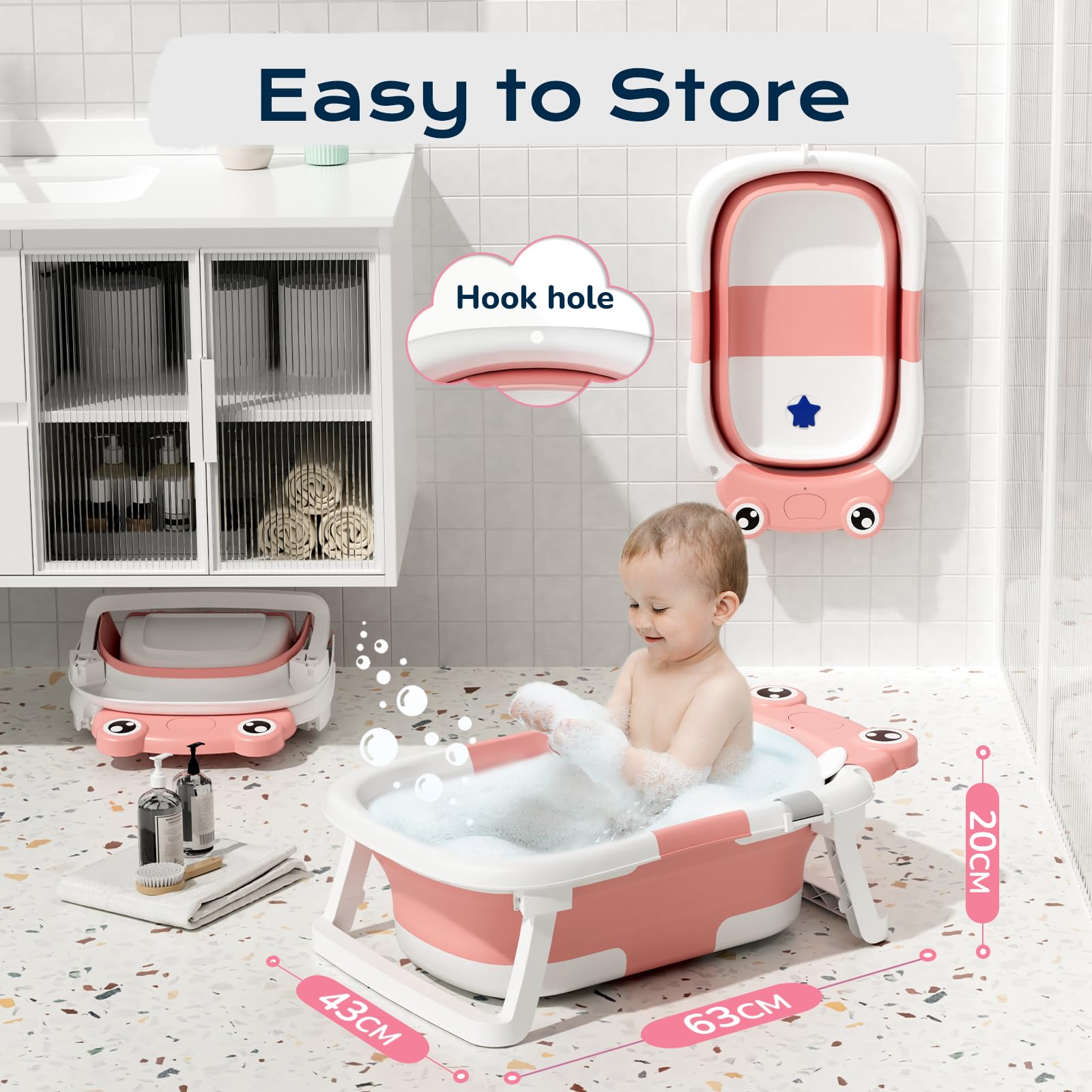 COOSEYA Baby Badewanne für 0-18 Monate, Faltbare Babywanne mit Babybadewanne Stützkissen, Portable Baby Bathtub als Wesentliche Artikel für Neugeborene und Kleinkind, Dinosaurier - Design (Grau)