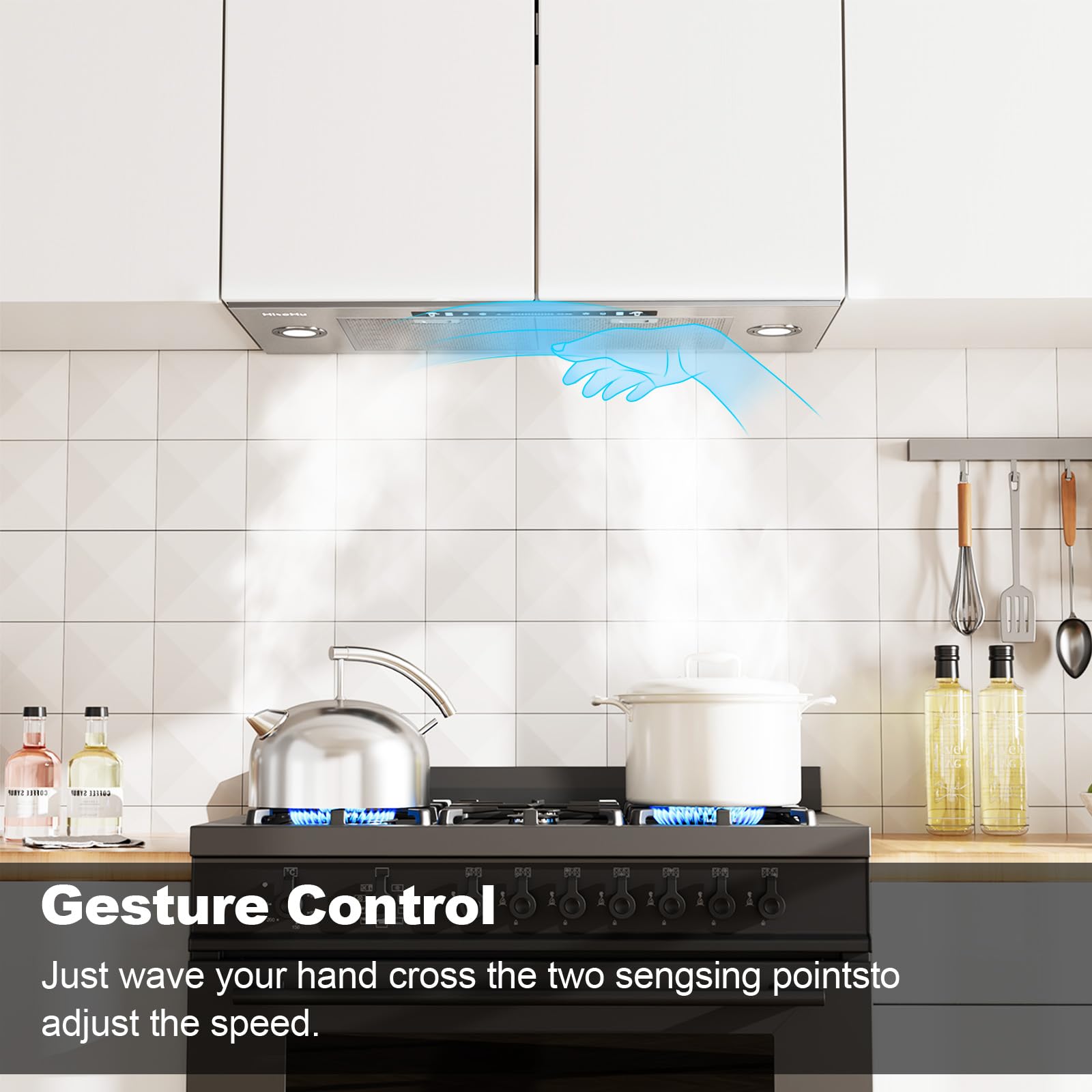 HisoHu 30 Inch Under Ducted Cabinet Range Hood with 1200 CFM, 4 Speed Gesture Sensing Kitchen Exhaust Hood & Touch Control Panel, Stainless Steel Stove Vent Hood with 2 LED Lights