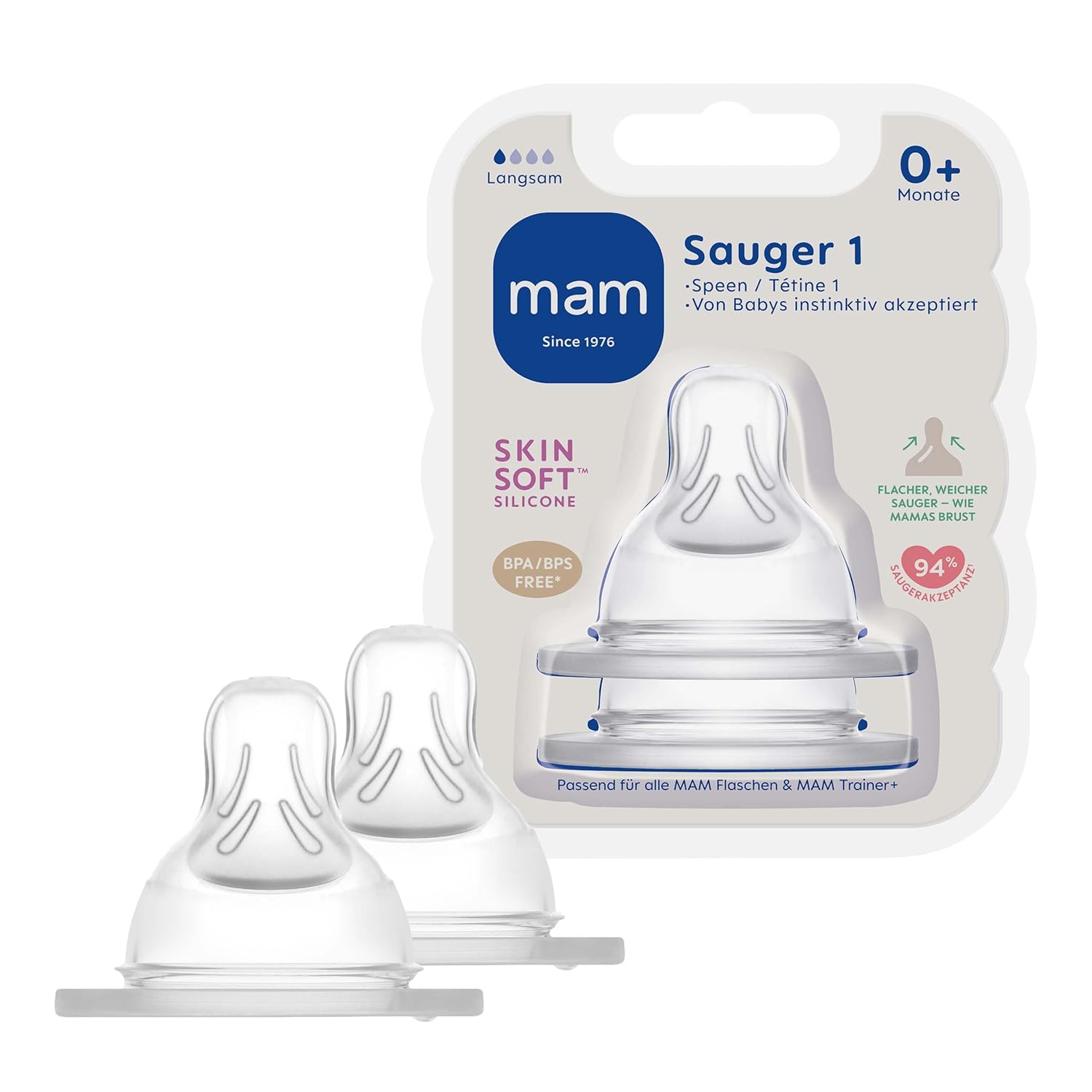 MAM Sauger Größe 1 im Doppelpack, Flaschensauger (Durchflussrate langsam), weicher Trinksauger passend für Flaschen/Trainer, ab der Geburt