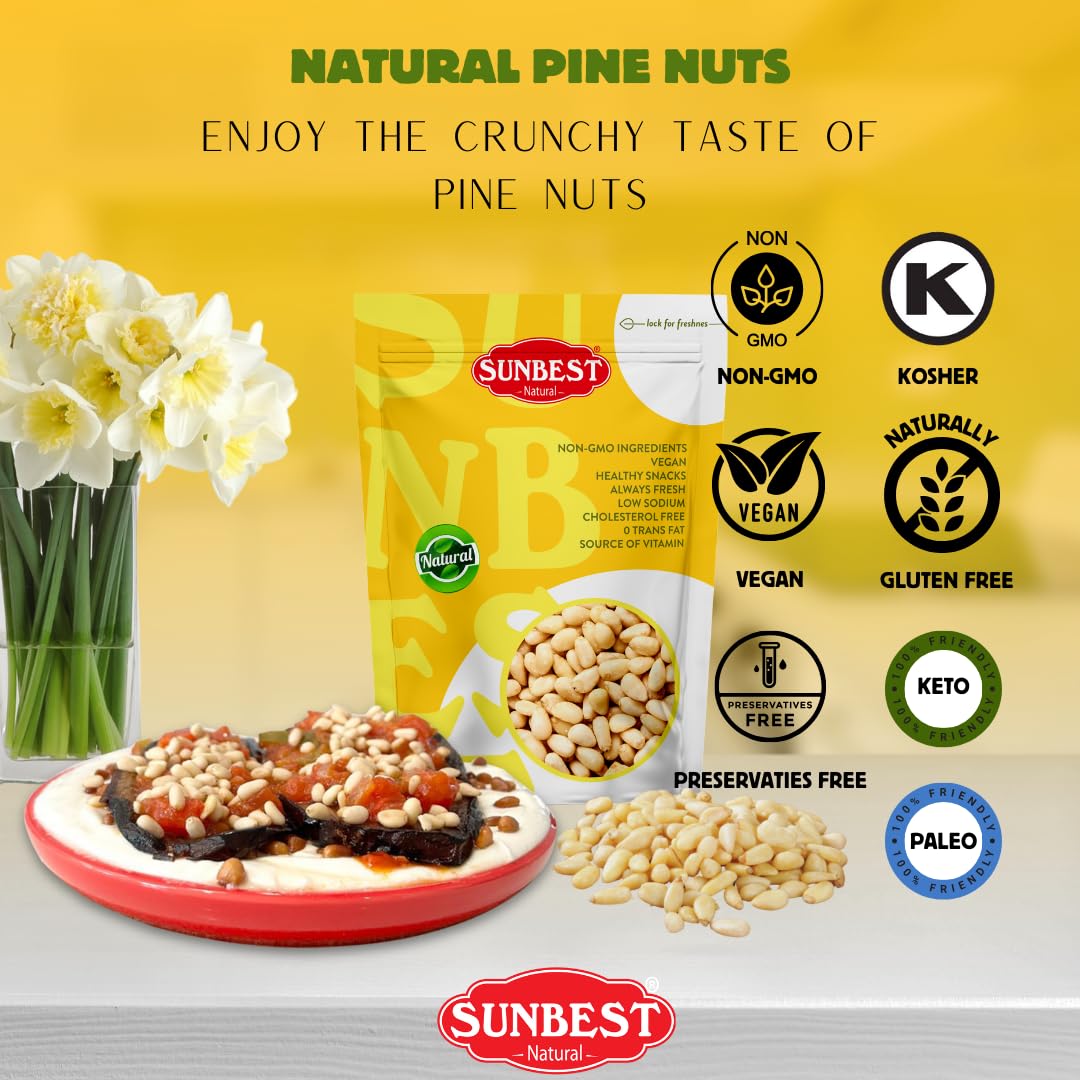 Sunbest Natural Raw Pine Nuts, 2lbs – Unsalted & Unroasted – Shelled Pignoli Nuts For Pesto, Baking, Salads & Cooking – Non-GMO, Vegan, Healthy Snack