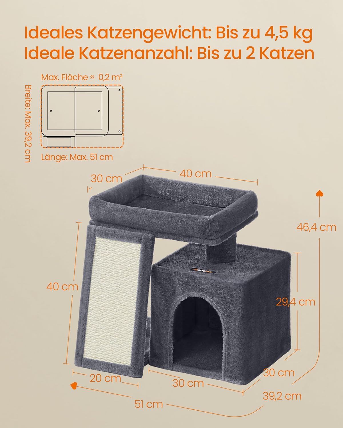 Feandrea Kratzbaum, Katzenbaum mit Kratzsäulen, Rampe, Katzenkratzbaum, 2 große Plattformen, Höhle und Korb, 85,8 cm hoch, Taubengrau PCT013GD01