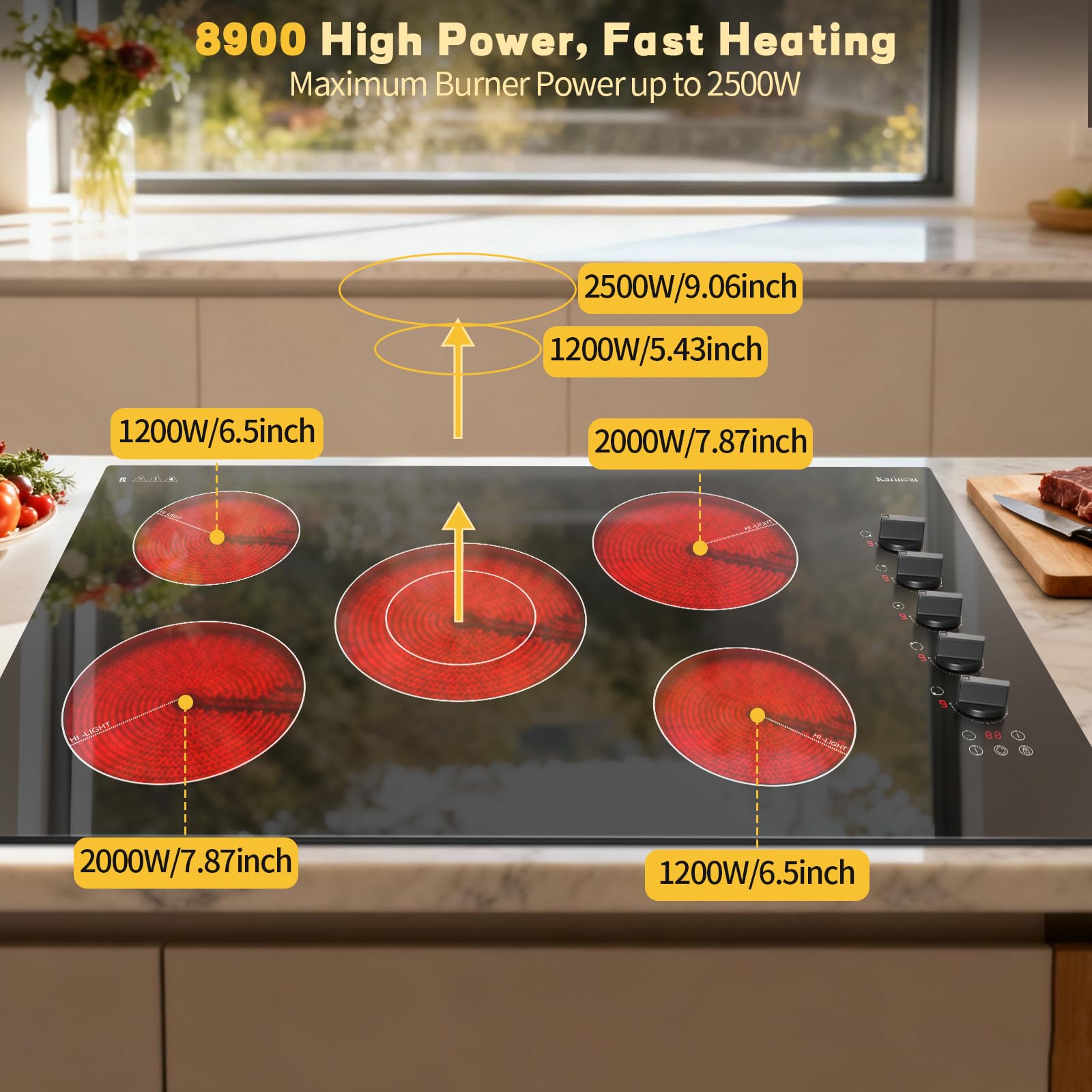 Karinear 30 Inch Electric Cooktop 4 Burners, Knob Control Built-in Ceramic Cooktop, 30" Radiant Electric Stove Top with Glass Protection Metal Frame,Fits Most Existing Cutouts, 220-240v, Hard Wire