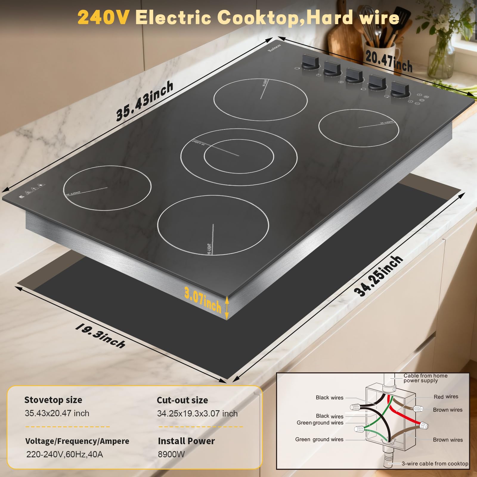 Karinear 30 Inch Electric Cooktop 4 Burners, Knob Control Built-in Ceramic Cooktop, 30" Radiant Electric Stove Top with Glass Protection Metal Frame,Fits Most Existing Cutouts, 220-240v, Hard Wire