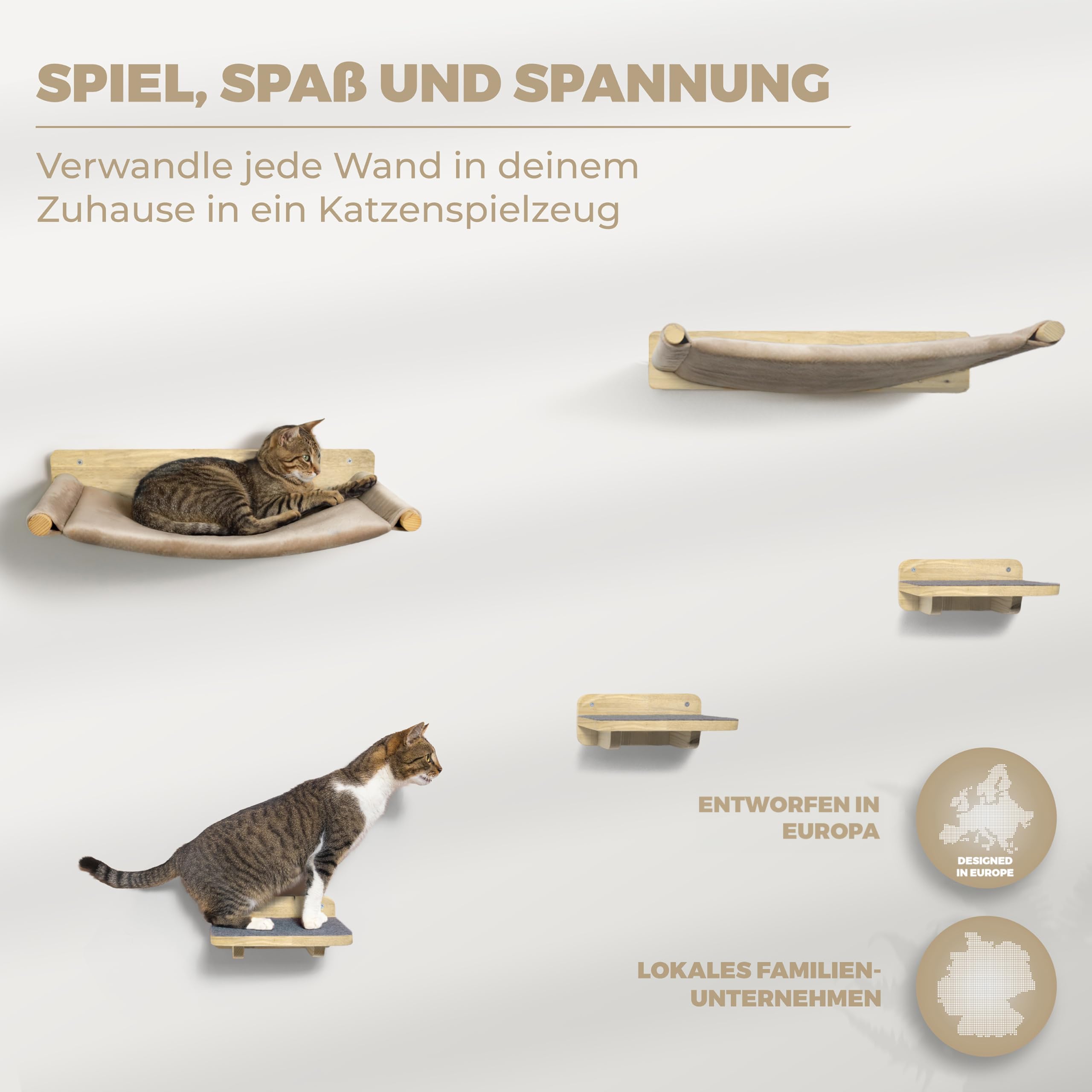 WOOWOOD® 2X Kletterwand Katzen - 3X Katzentreppe Wand- Kratzbaum Wand - Hängematte Katze - Wandkratzbaum - Katzenmöbel - Katzenwand - Katzen Kletterwand Set - Naturhell
